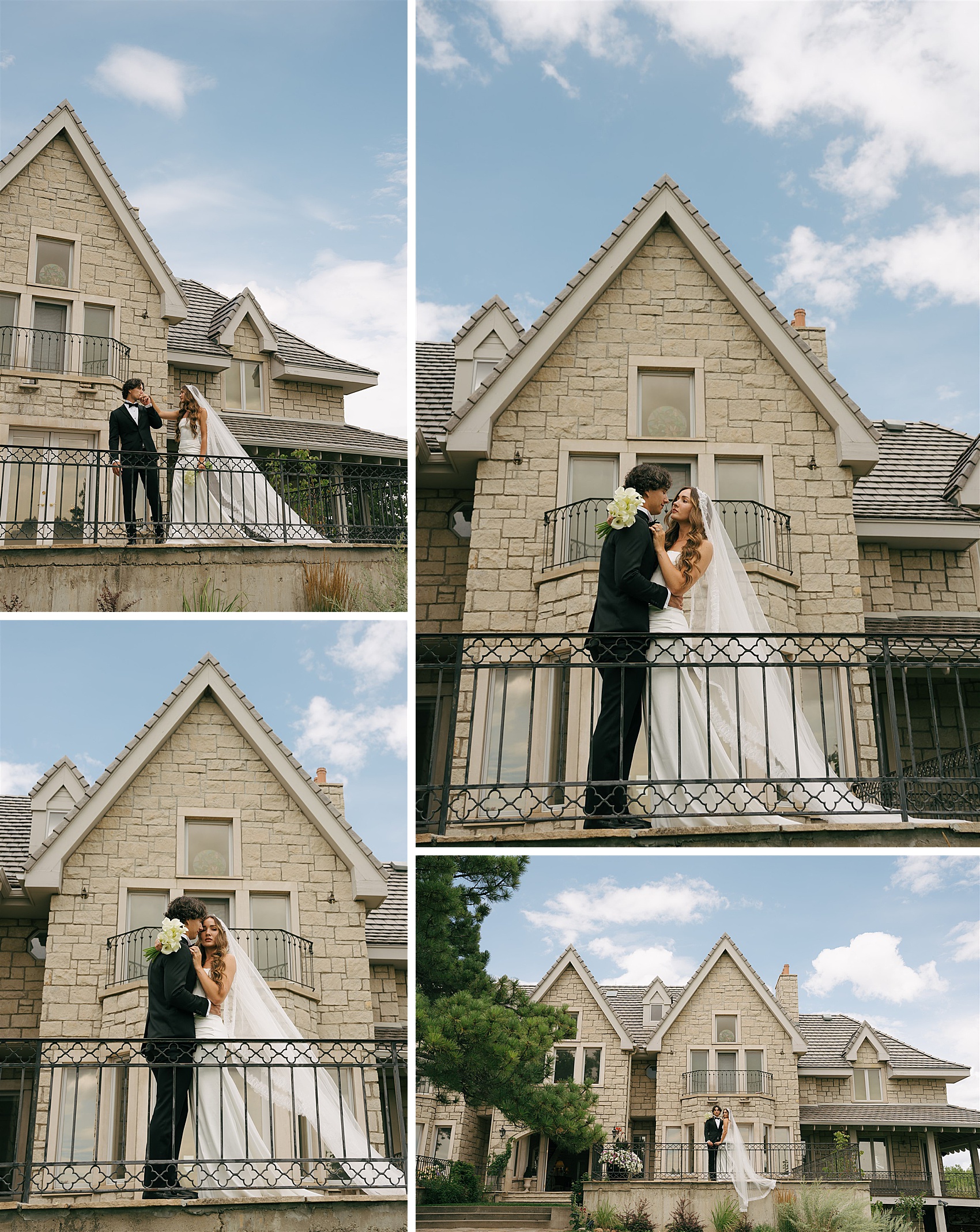 A collection of images of newlyweds snuggling and kissing around a patio of their venue