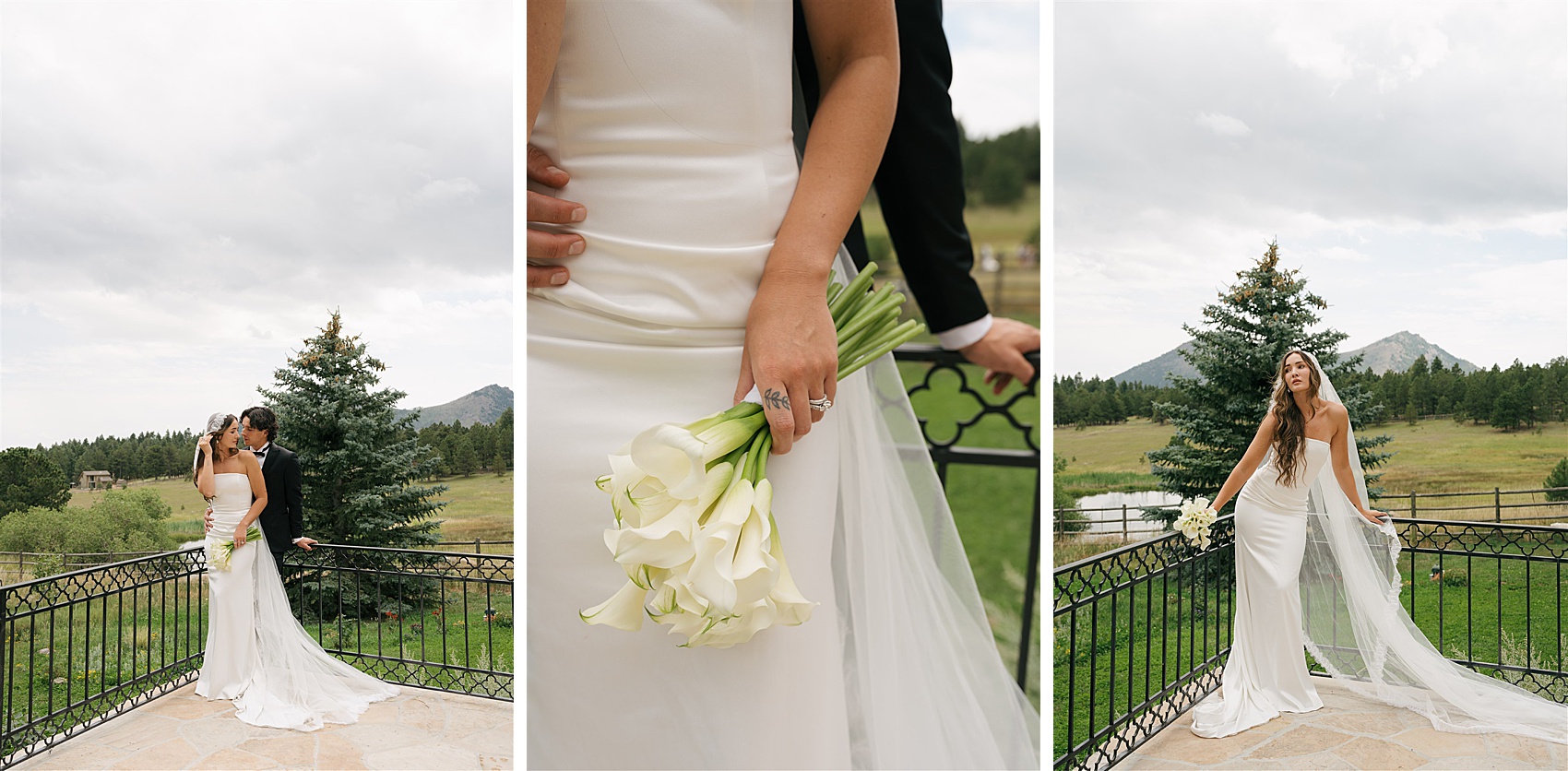 A bride leans into her groom as they cuddle on a balcony during their Greystone Castle wedding