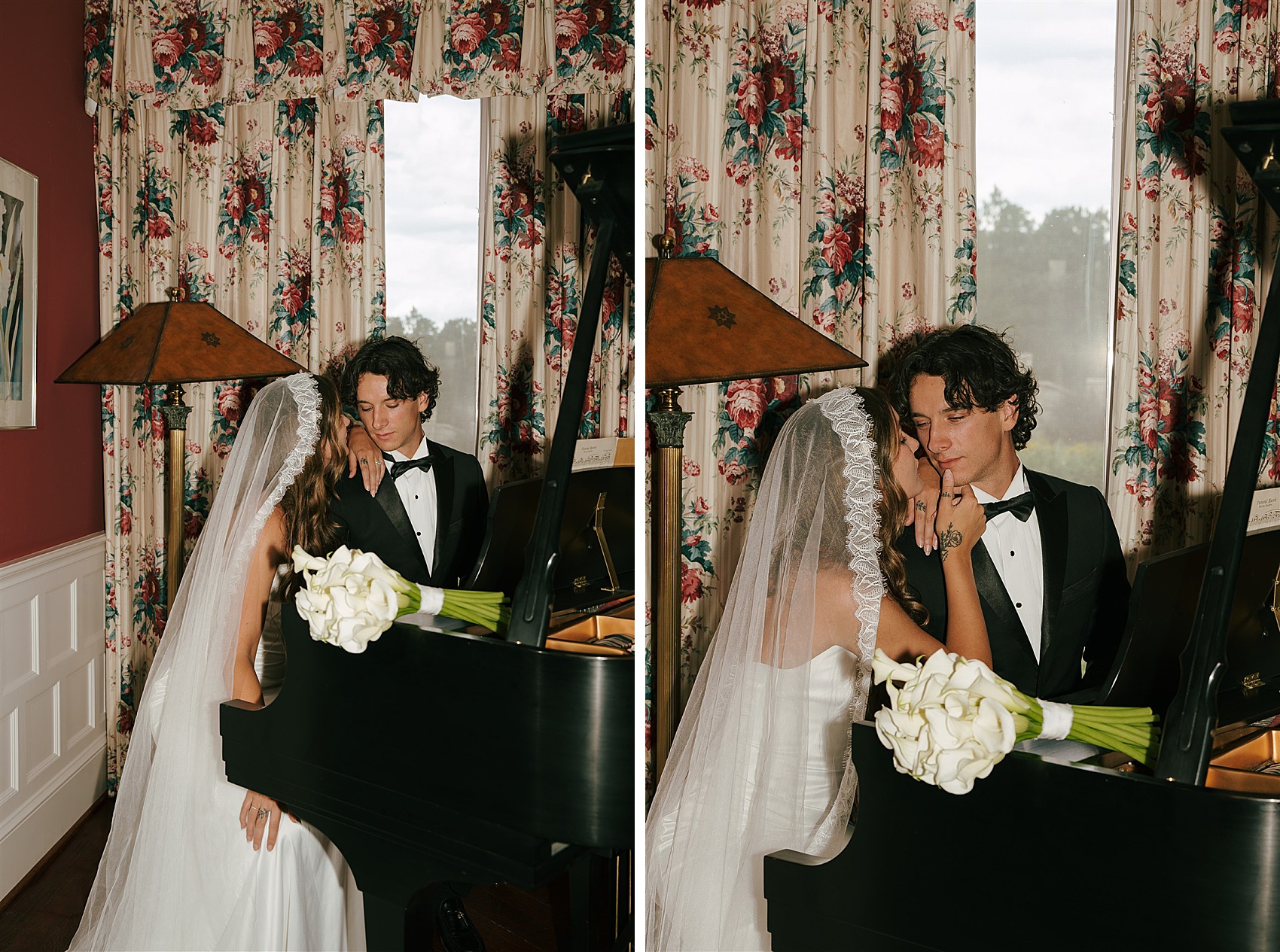 A bride and groom sit and snuggle at the piano under a window