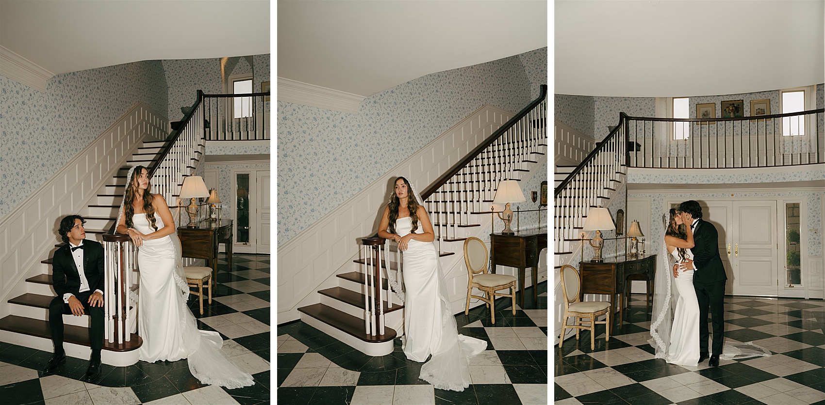 Newlyweds sit and lean on the grand staircase in black tuxedo and white gown next to them kissing in the lobby