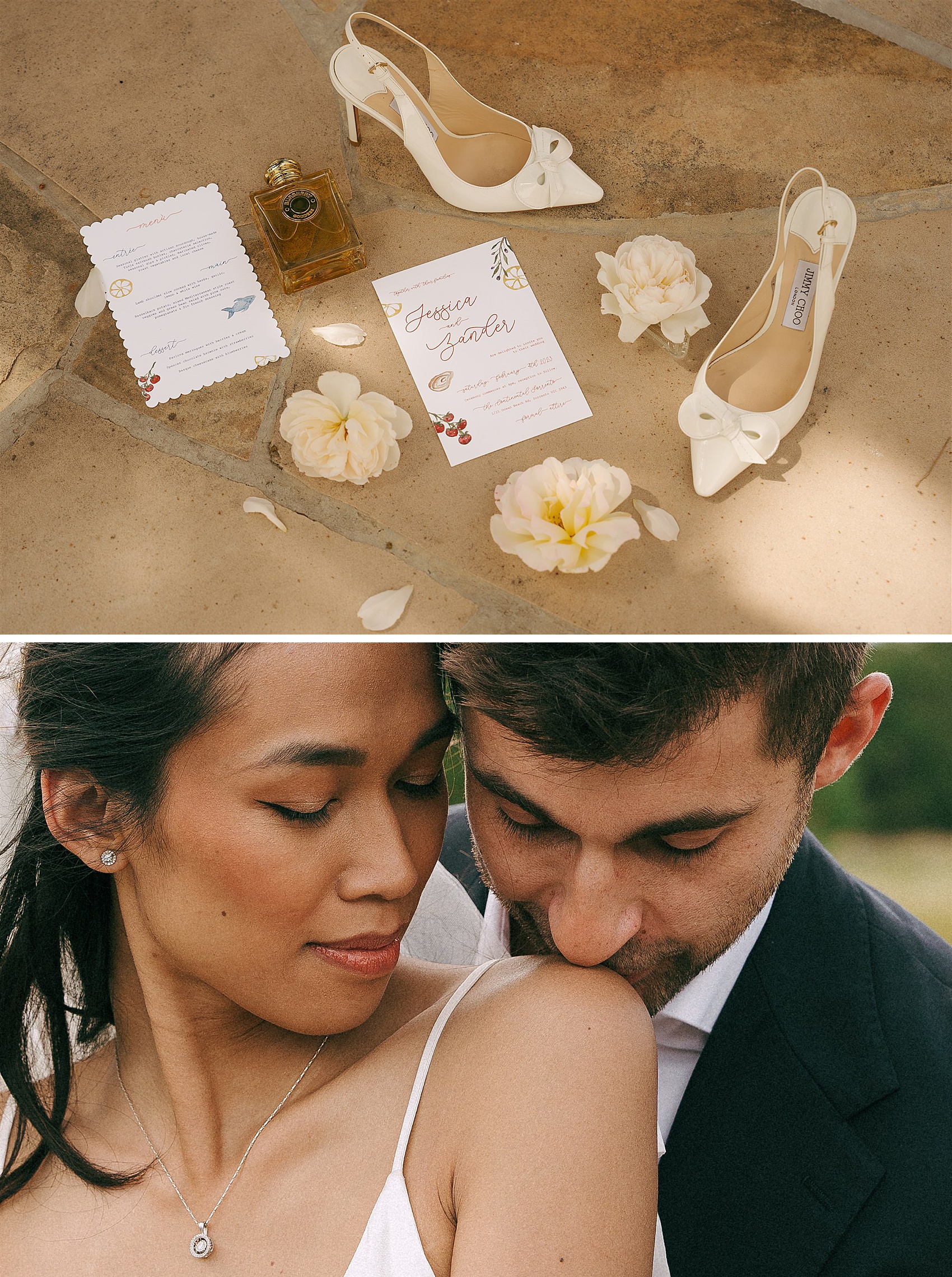 Bridal details above the newlyweds snuggling and the groom kissing her shoulder