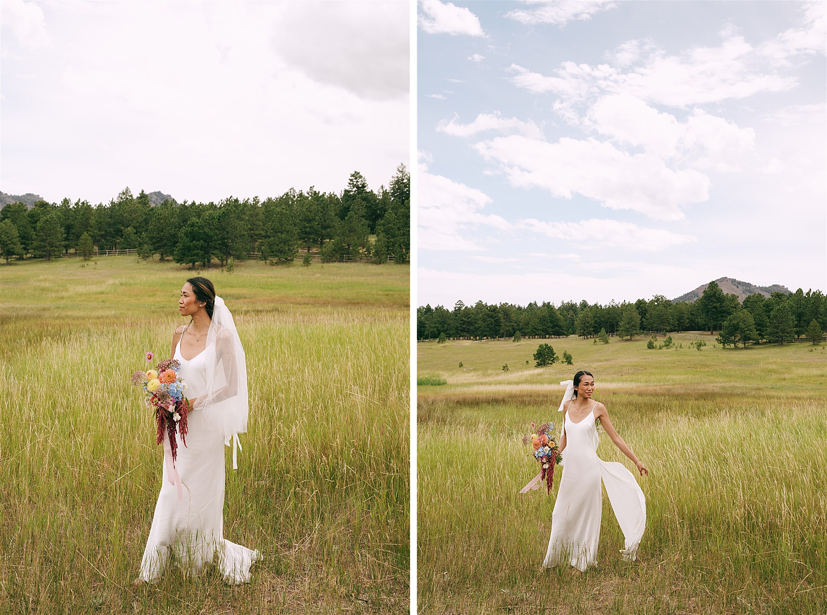 A bride wanders through tall grass carrying her vibrant bouquet during her Greystone Castle wedding