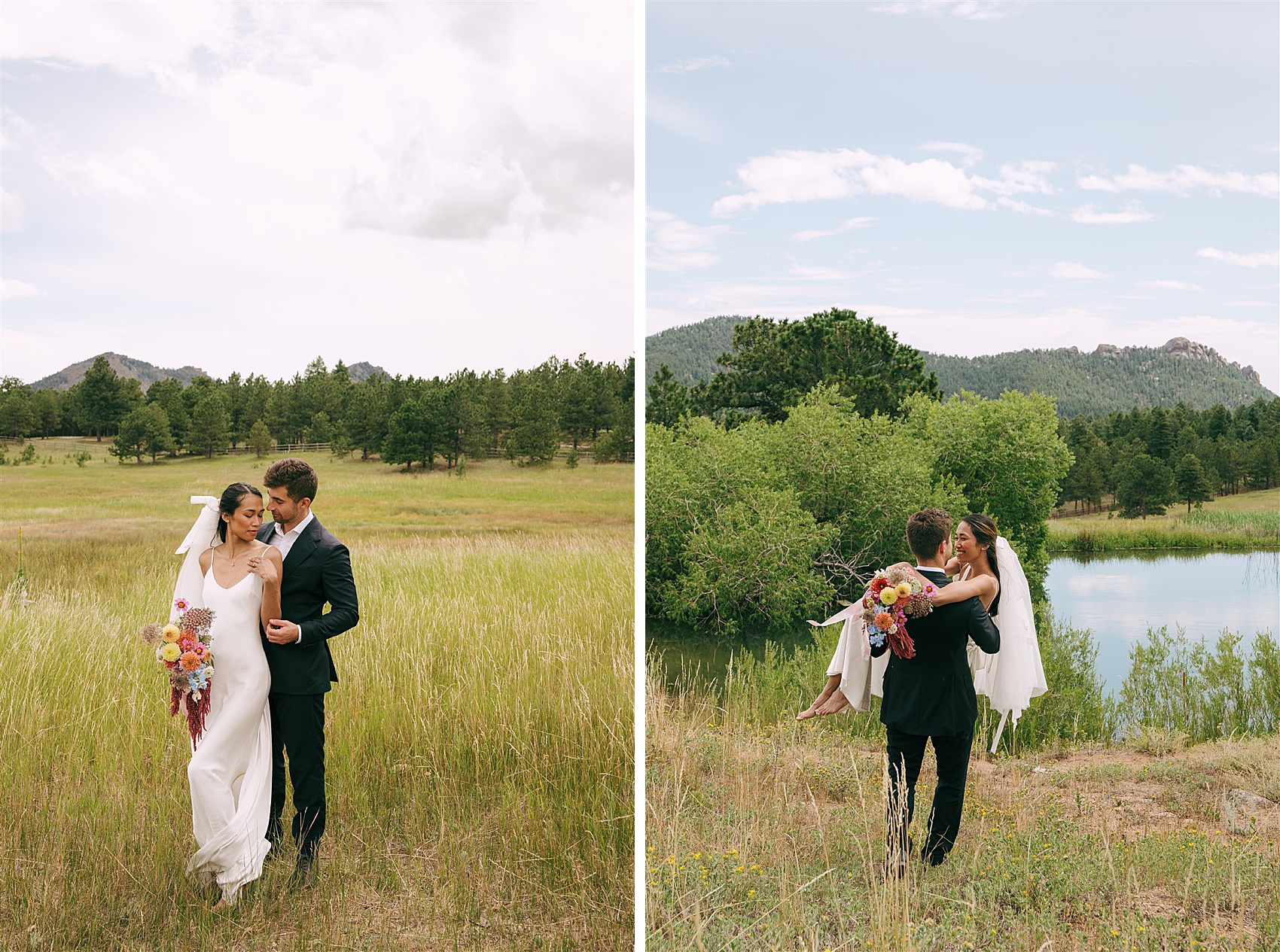 A groom carries his bride to a pond next to them snuggling during their Greystone Castle wedding in a pasture