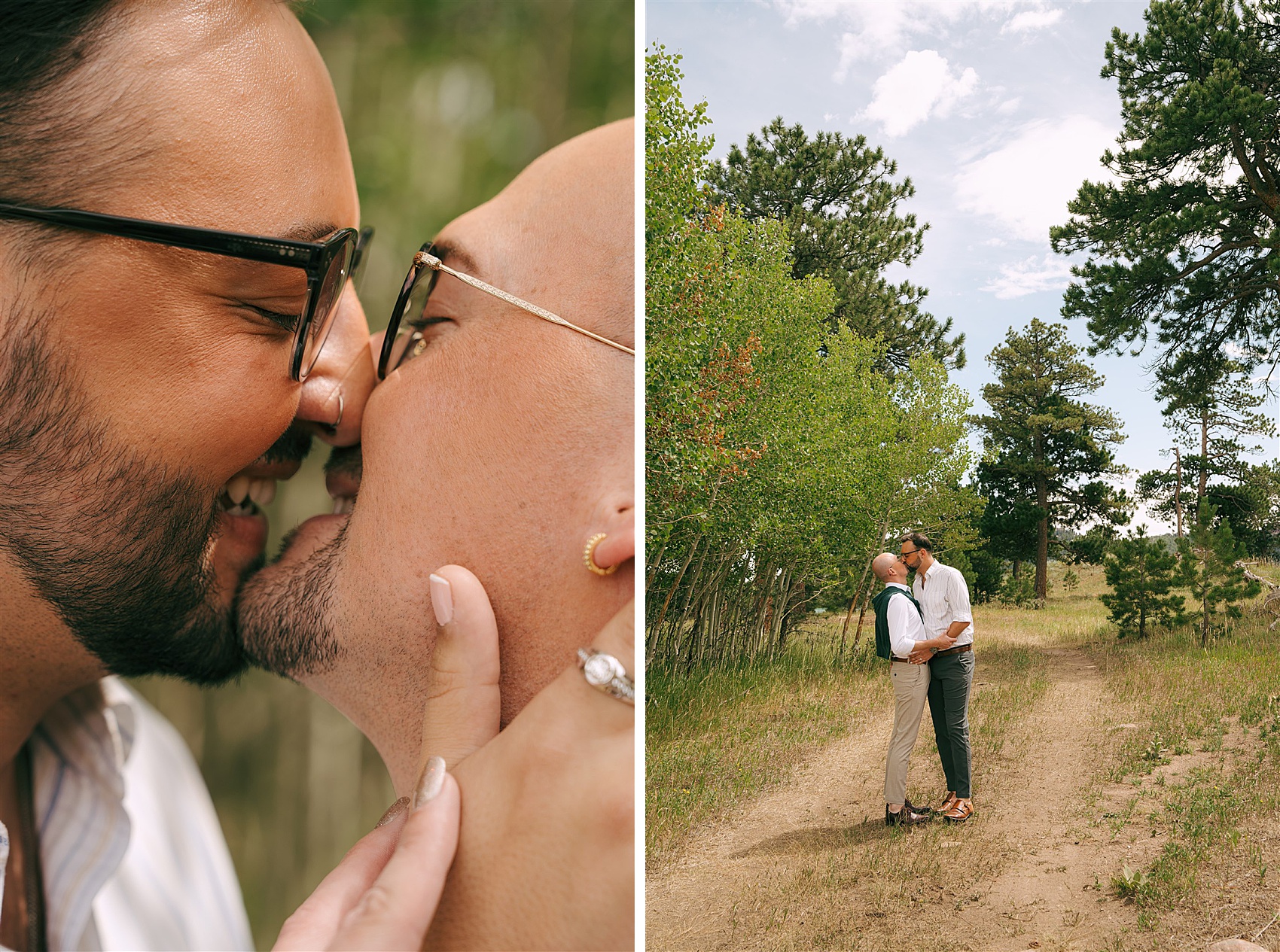 Newlyweds happily kiss and laugh in a trail under the sun