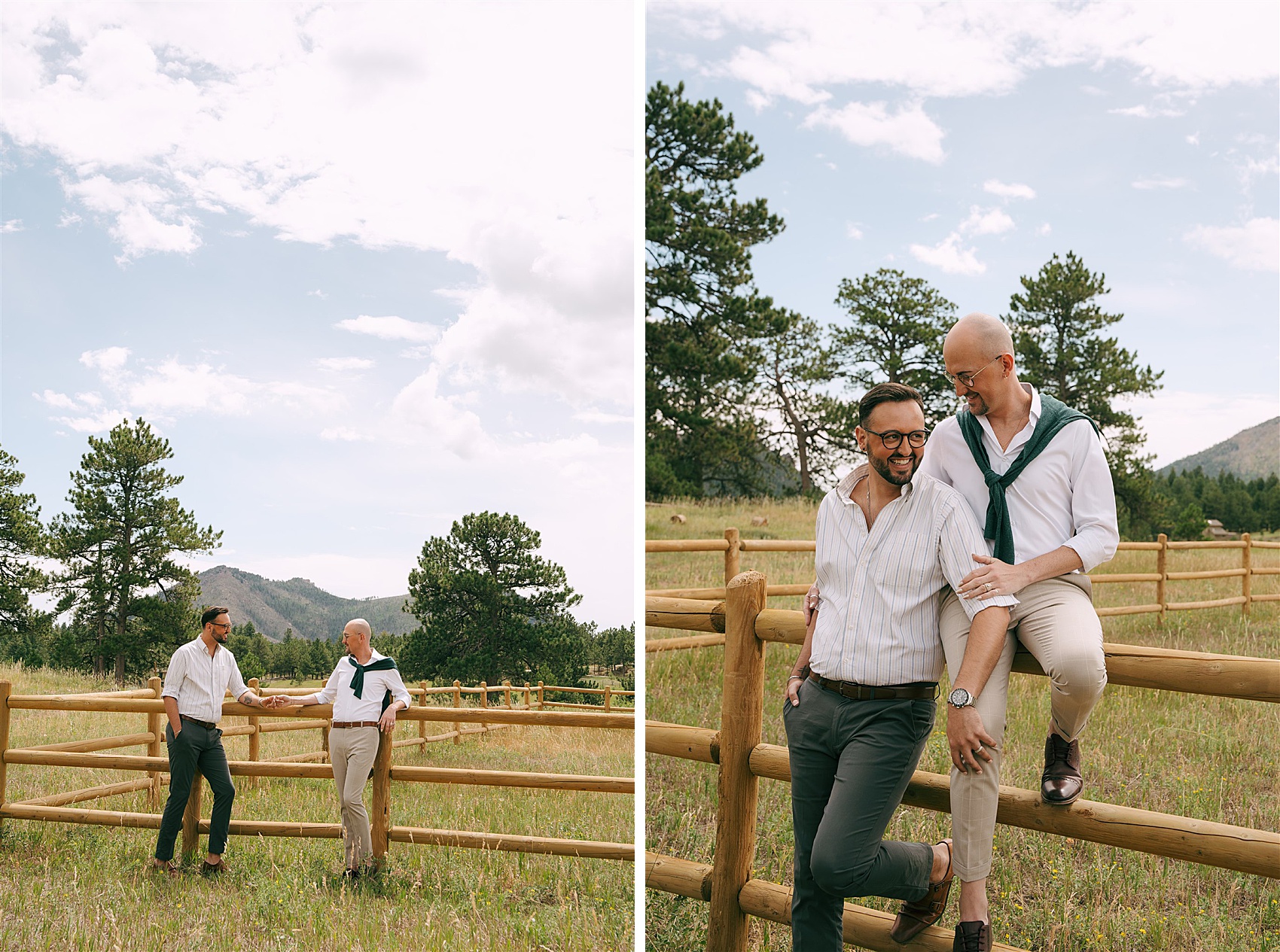Happy grooms hang out on a wooden pasture fence before their Greystone Castle wedding