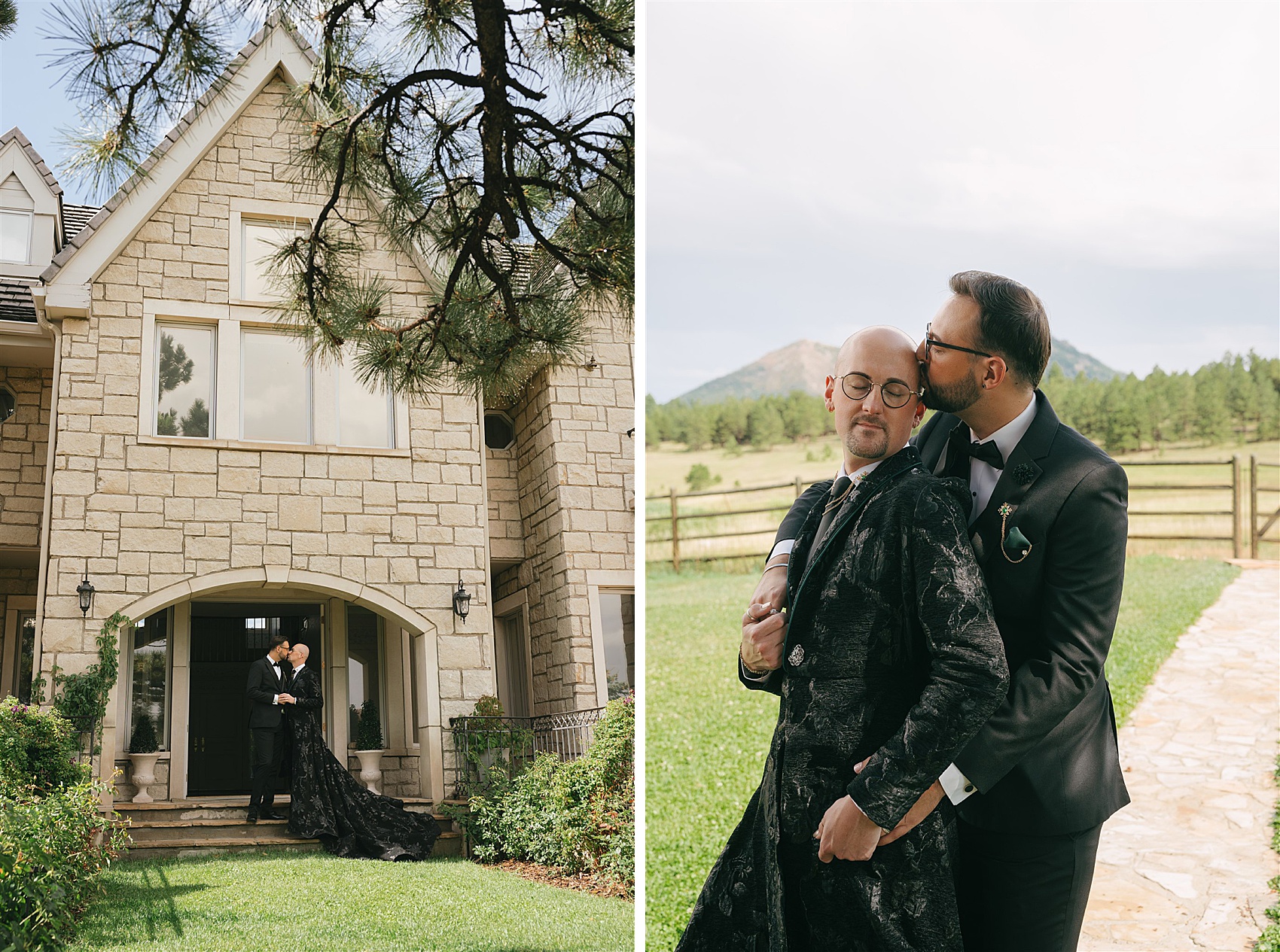 Groms cuddle and kiss in black tuxedos on the steps and garden path of the Greystone Castle wedding venue