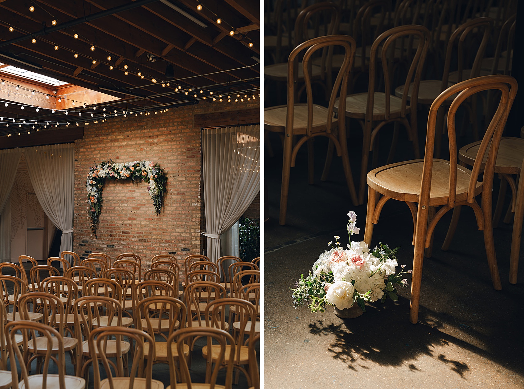 Details of a wedding reception table set up under a skylight with wooden chairs with florals mounted on the wall of The Arbory