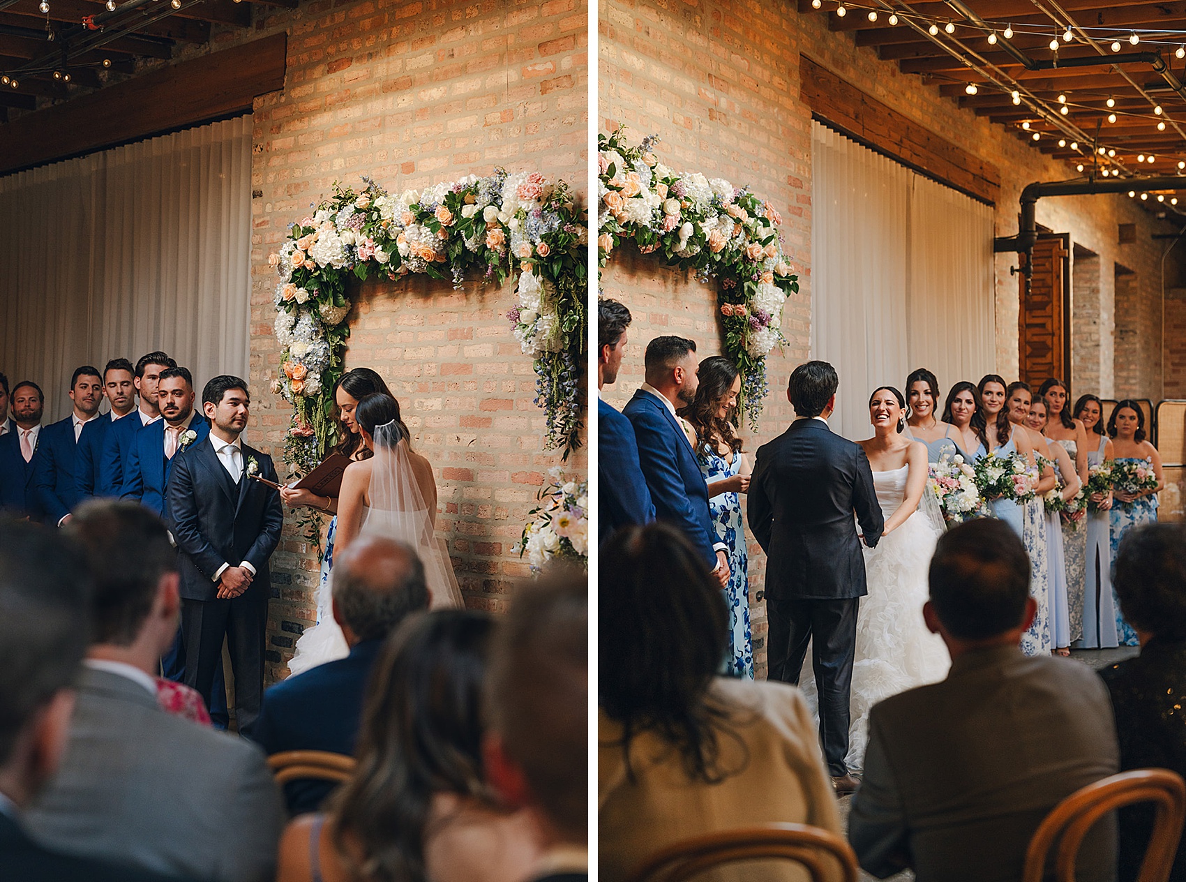 A bride and groom laugh while holding hands in two images during their wedding ceremony at The Arbory
