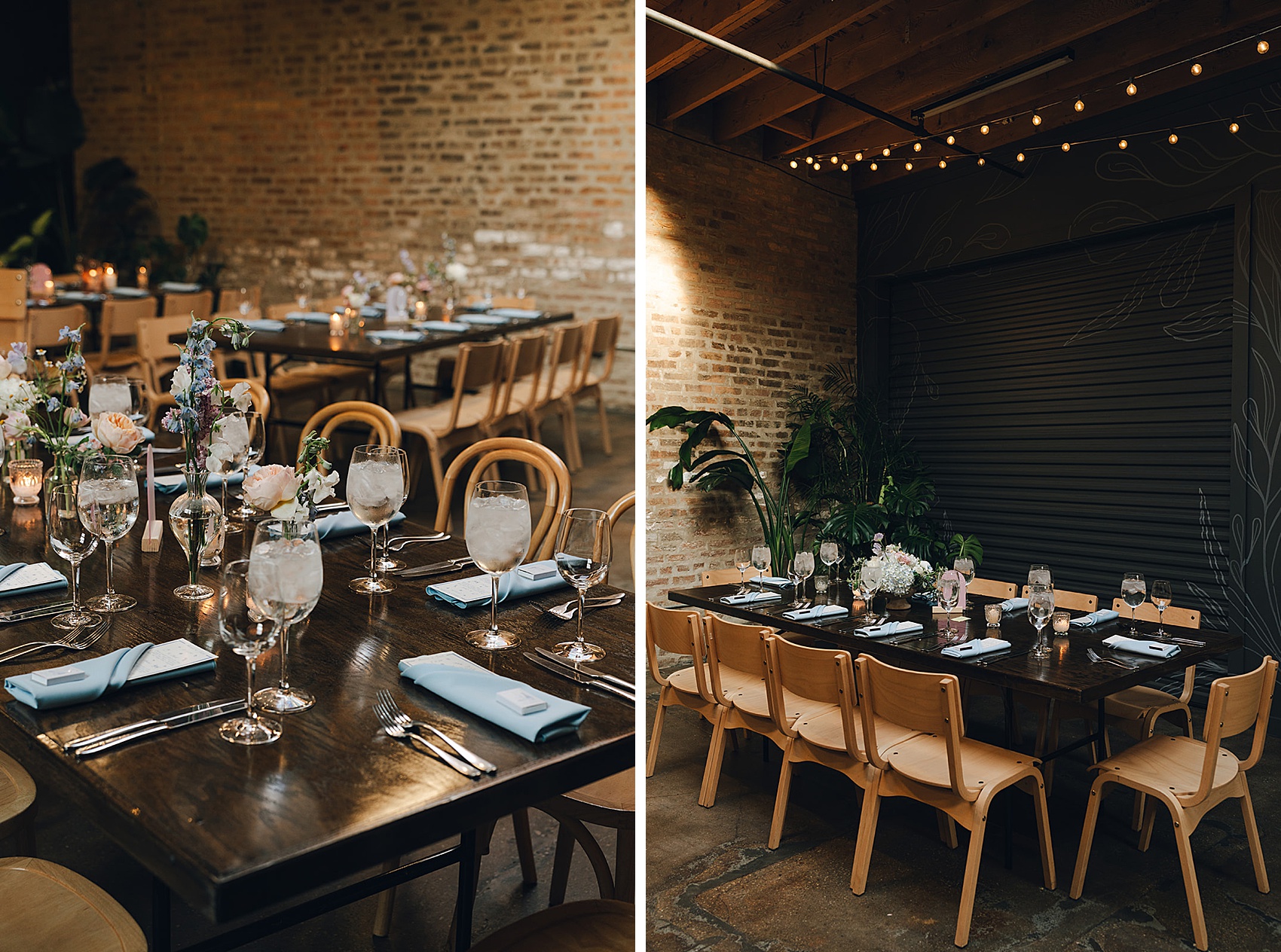 Details of a wedding reception table set up with blue napkins, simple florals and filled water glasses