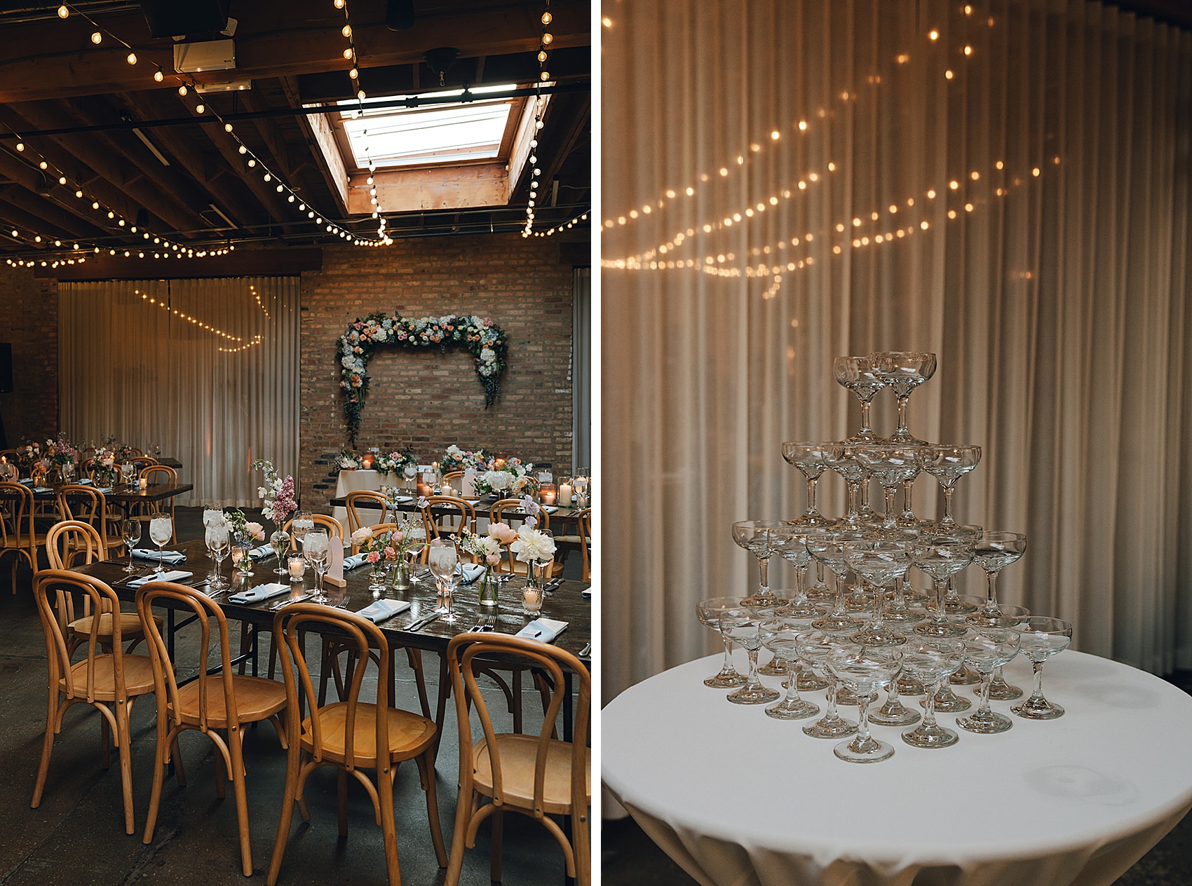 Details of a stack of wine glasses next to a wedding reception set up with white and pink flowers