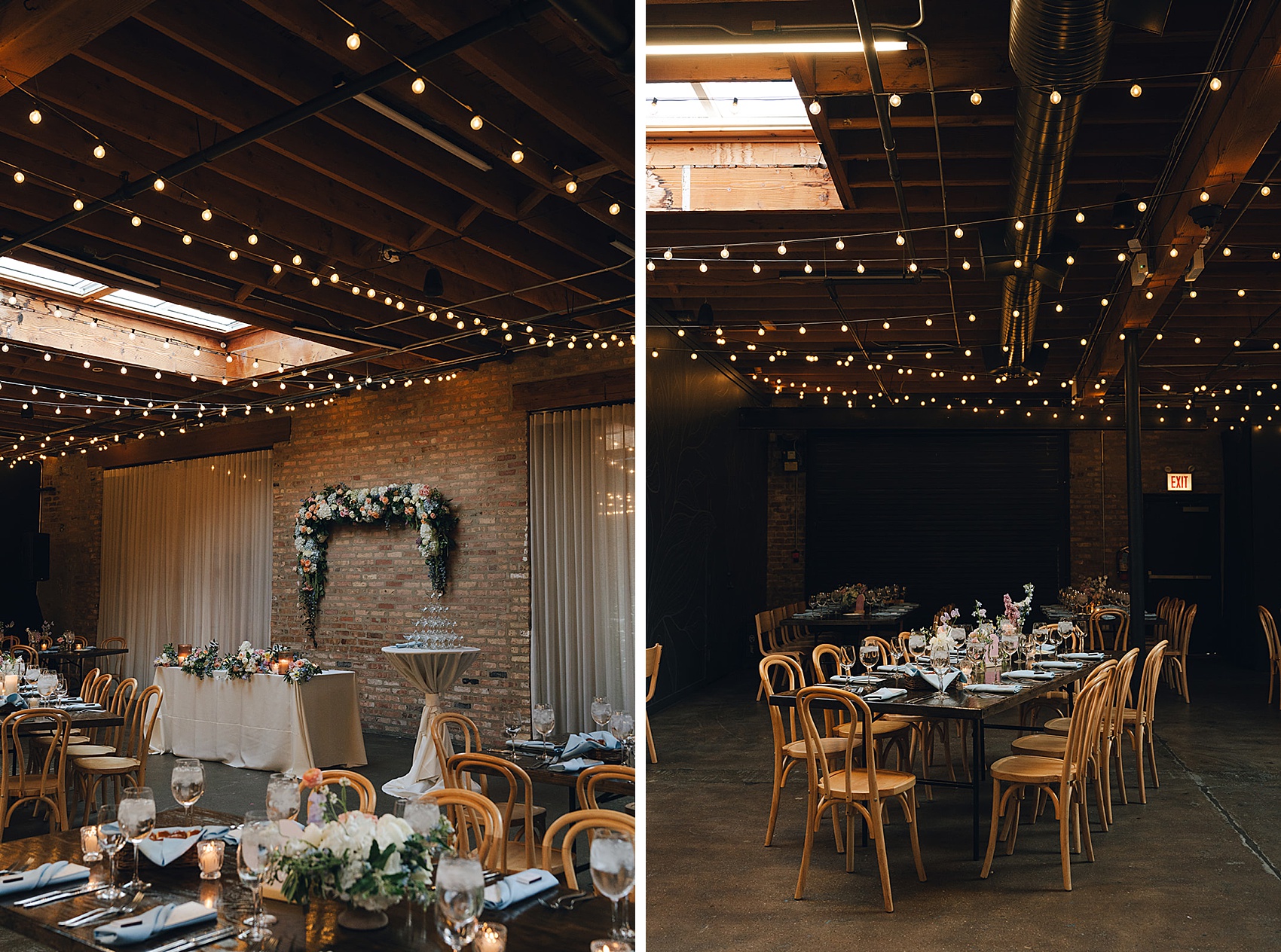 Details of a wedding reception set up at The Arbory with wooden chairs under market lights indoors with florals on the brick wall