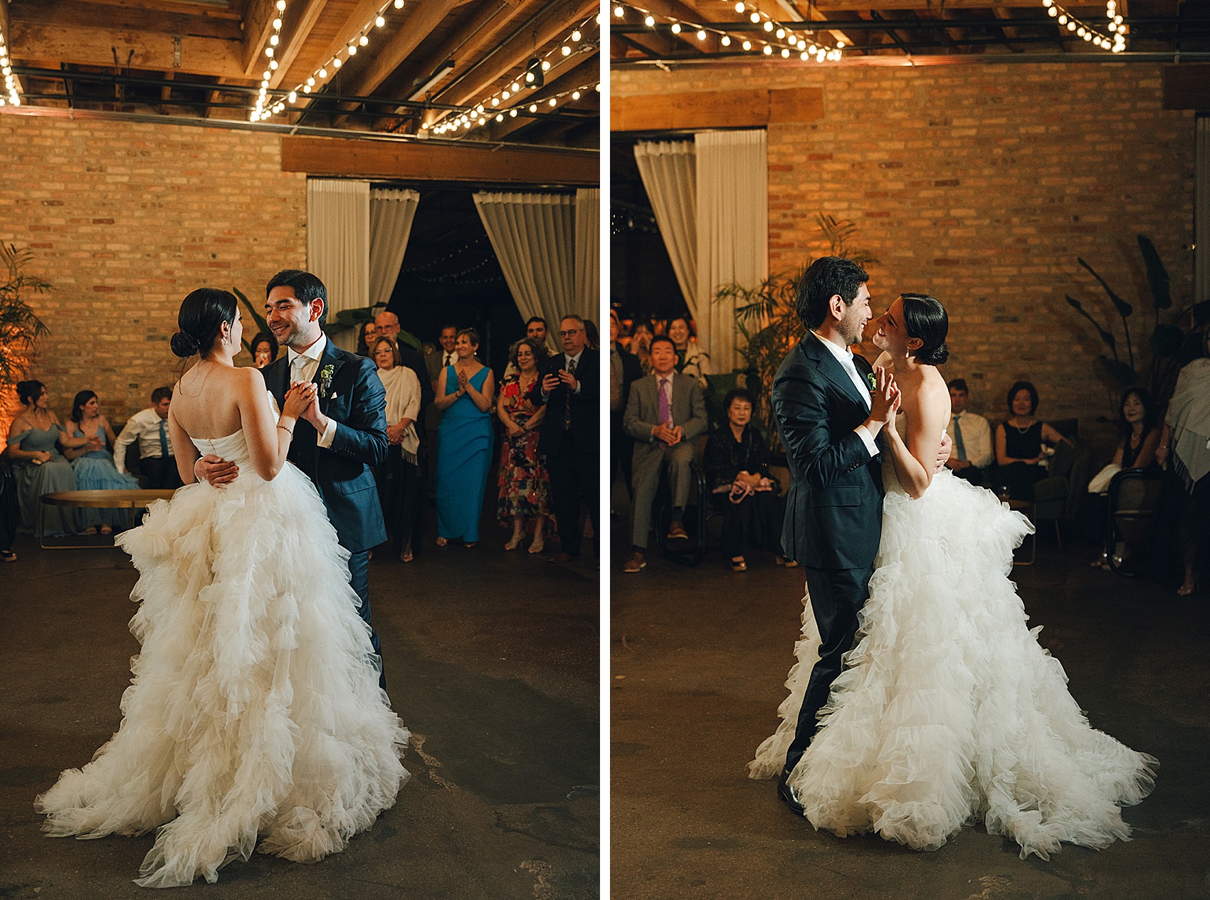 Newlyweds dance in a flowing poof gown and black suit with big smiles as guests watch during their reception at The Arbory