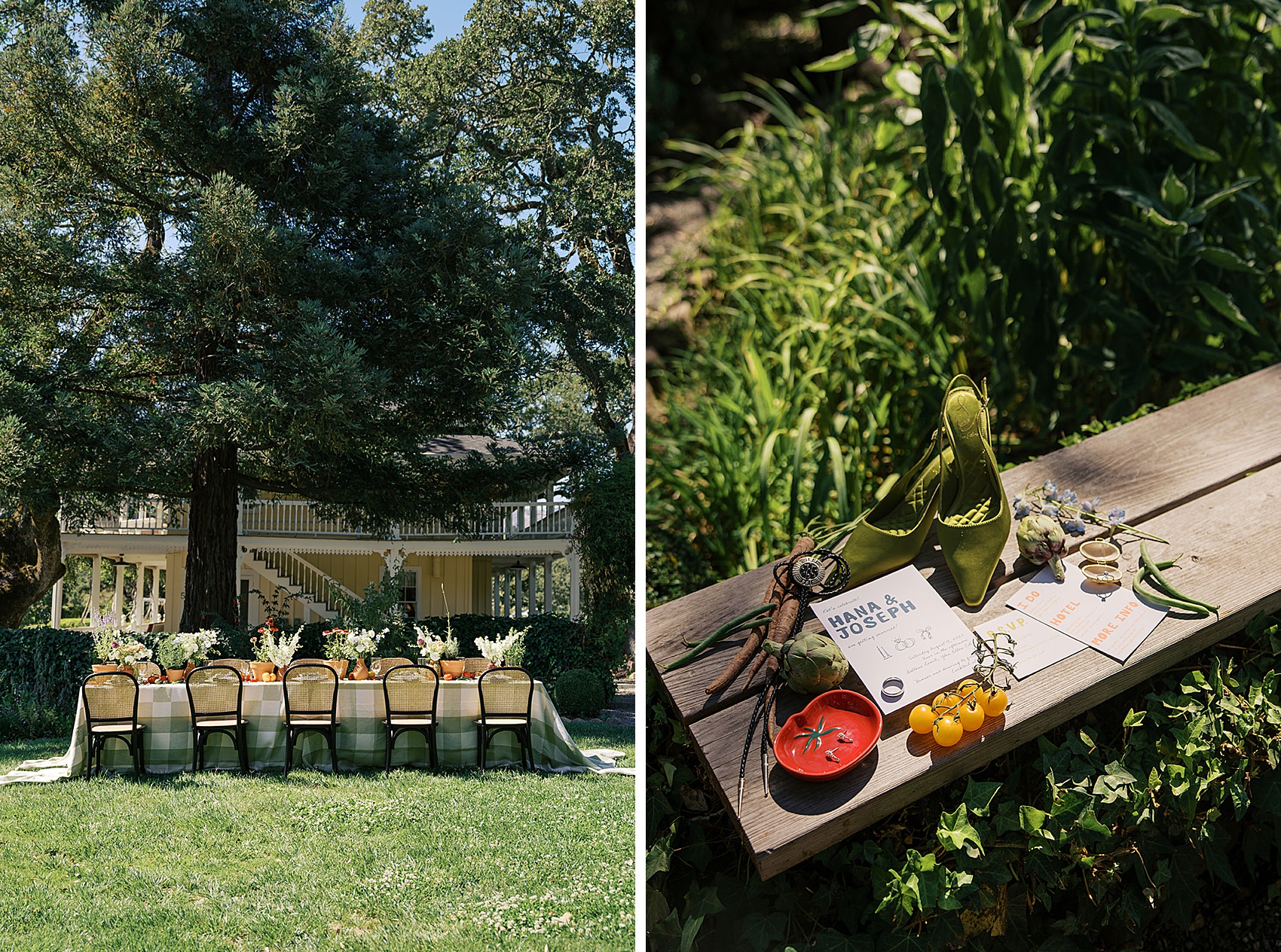 Details of a wedding reception table in a garden lawn next to bridal details on a wooden bench with tomatoes, rings and shoes