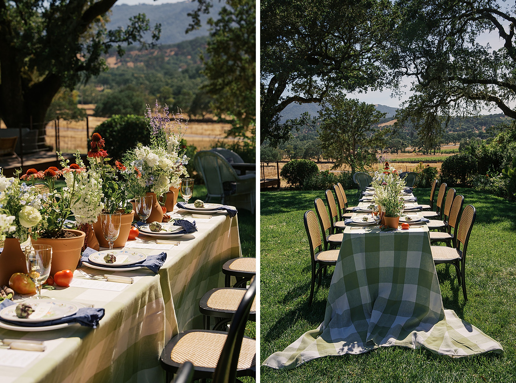 Details of love wedding reception tables set up in the garden with potted flowers