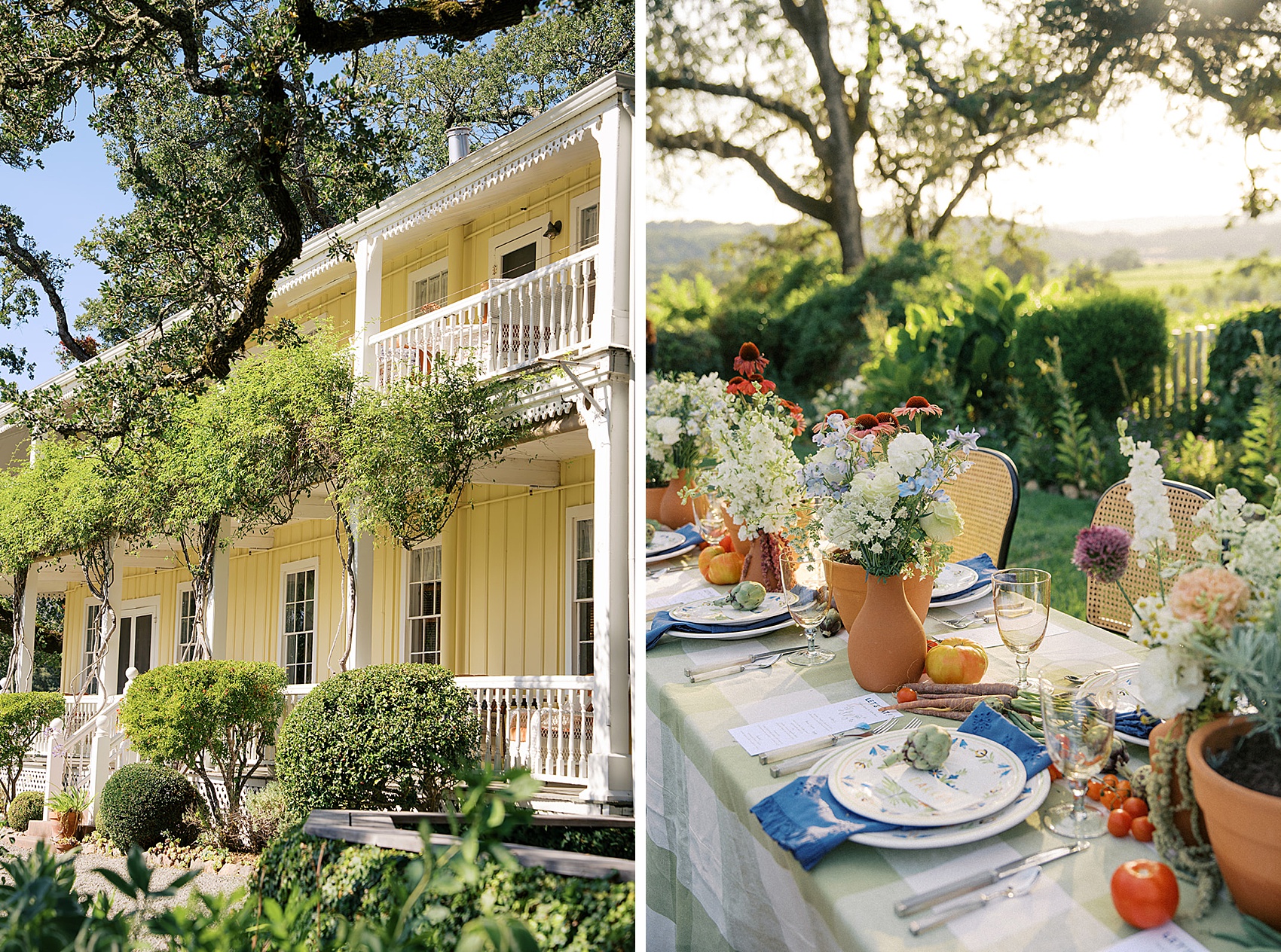 Details of a beltane ranch wedding reception table set up with colorful flowers and blue napkins