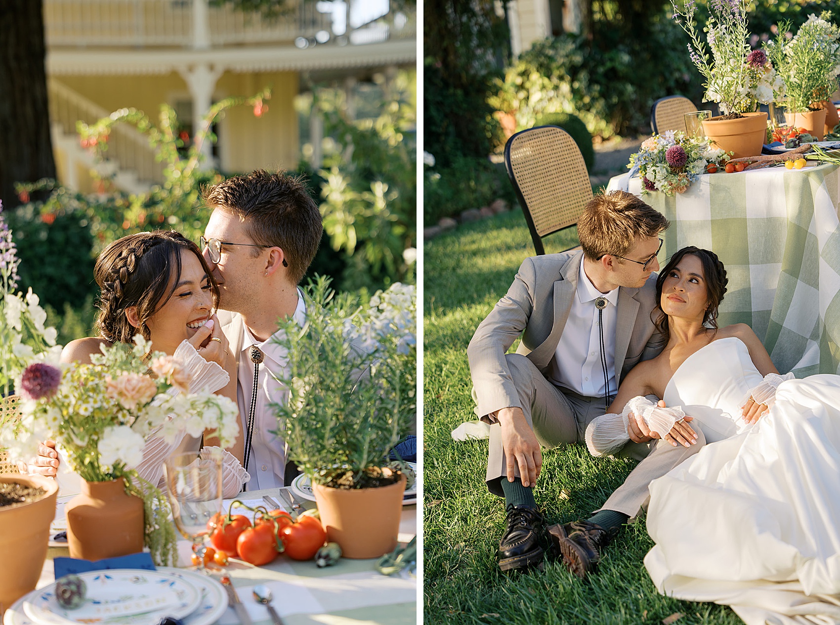 Newlyweds share a laugh while cuddling at their head table next to them lounging in the grass next to the table