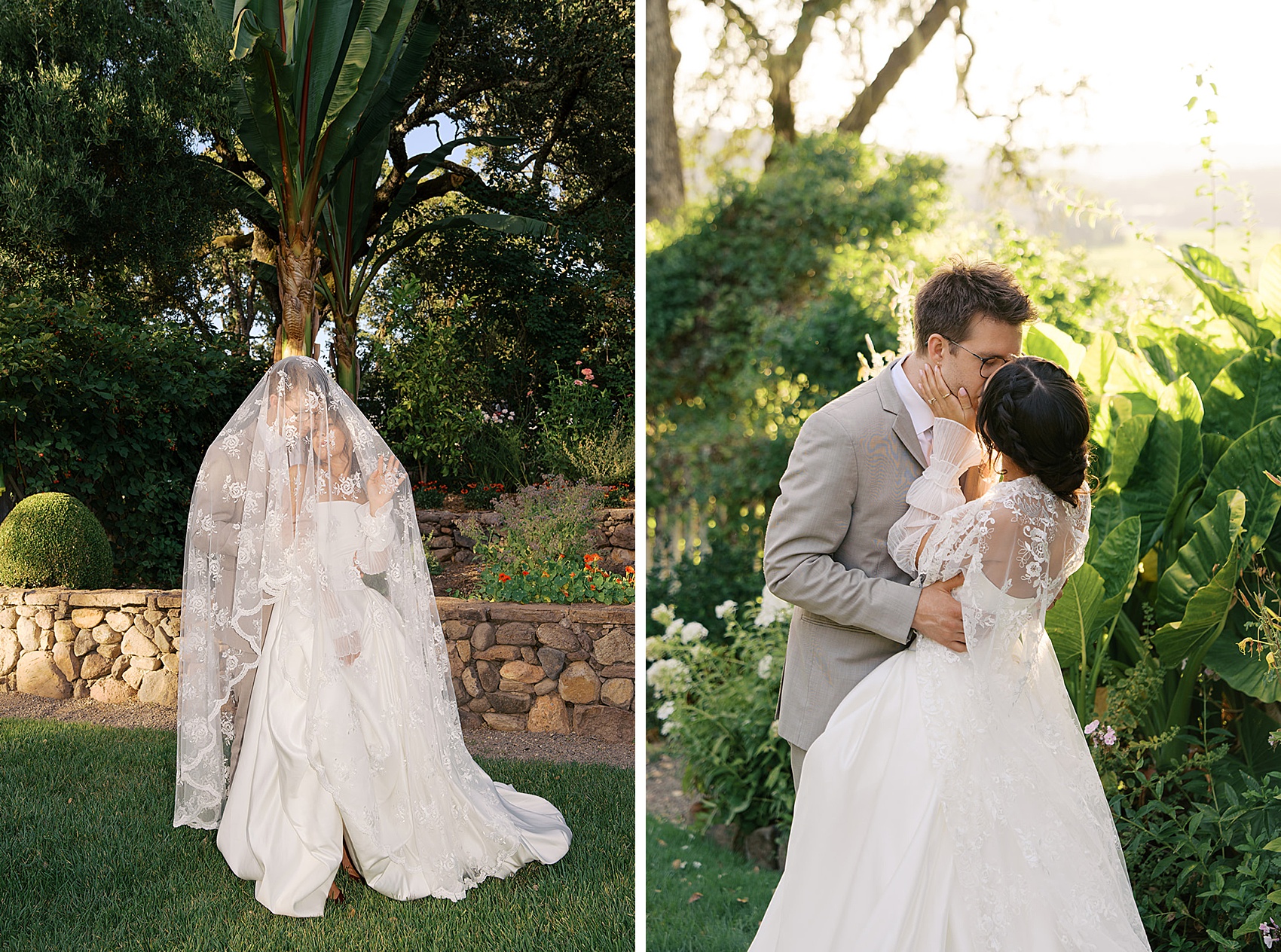 Newlyweds snuggle under the veil enxt to them kissing in the beltane ranch wedding venue gardens at sunset