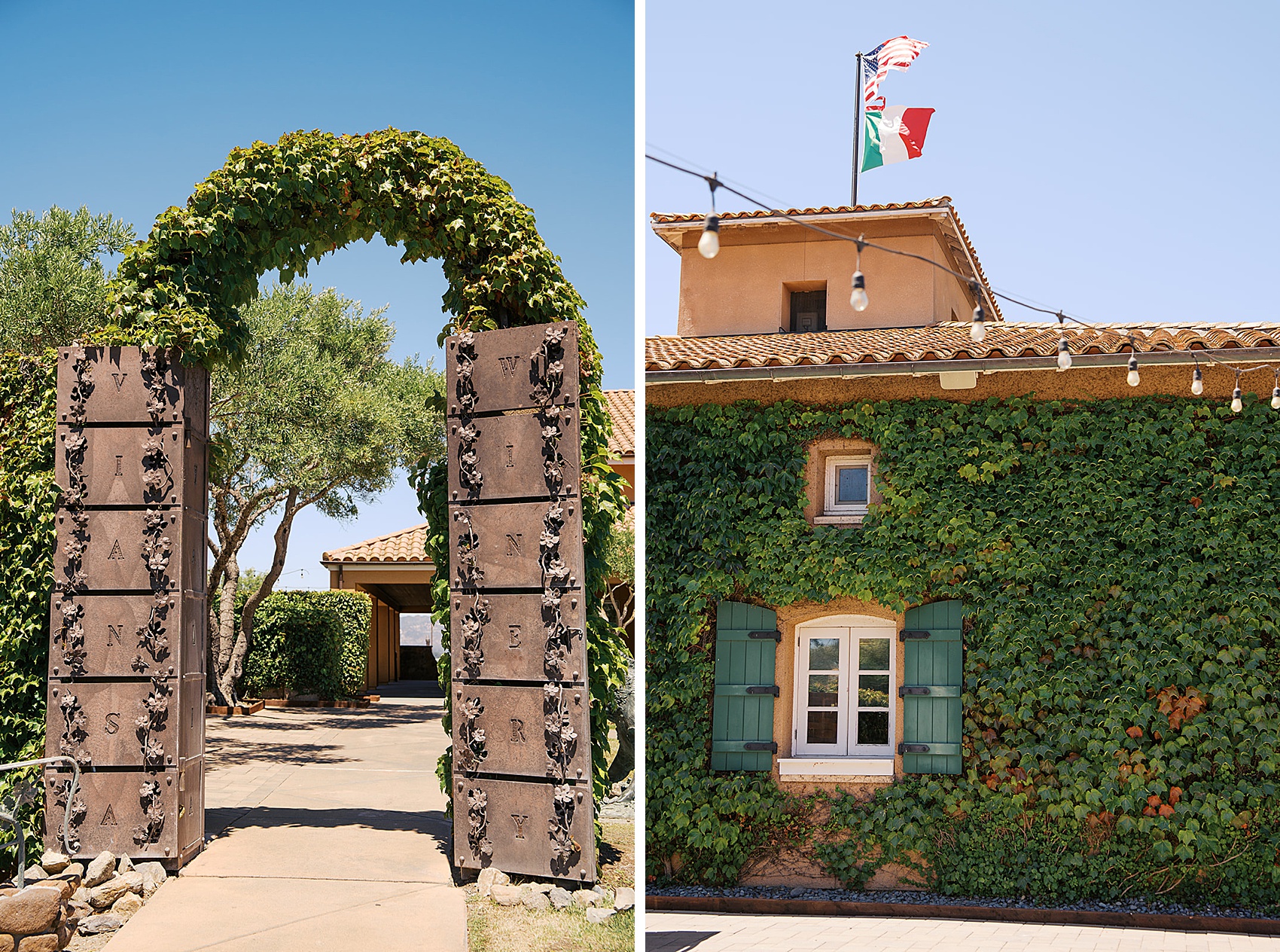 details of the font gate and archway next to an ivy covered wall of the Viansa winery wedding venue with american and italian flags on top