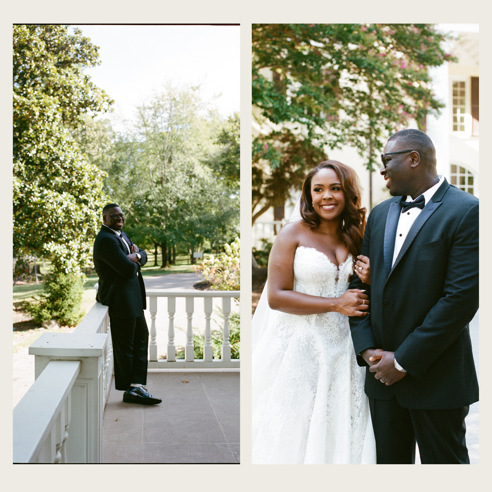 A couple looks at the camera, the bride in a white dress, the groom in a black tux. The bride is holding onto the grooms arm smiling during wedding day portraits.