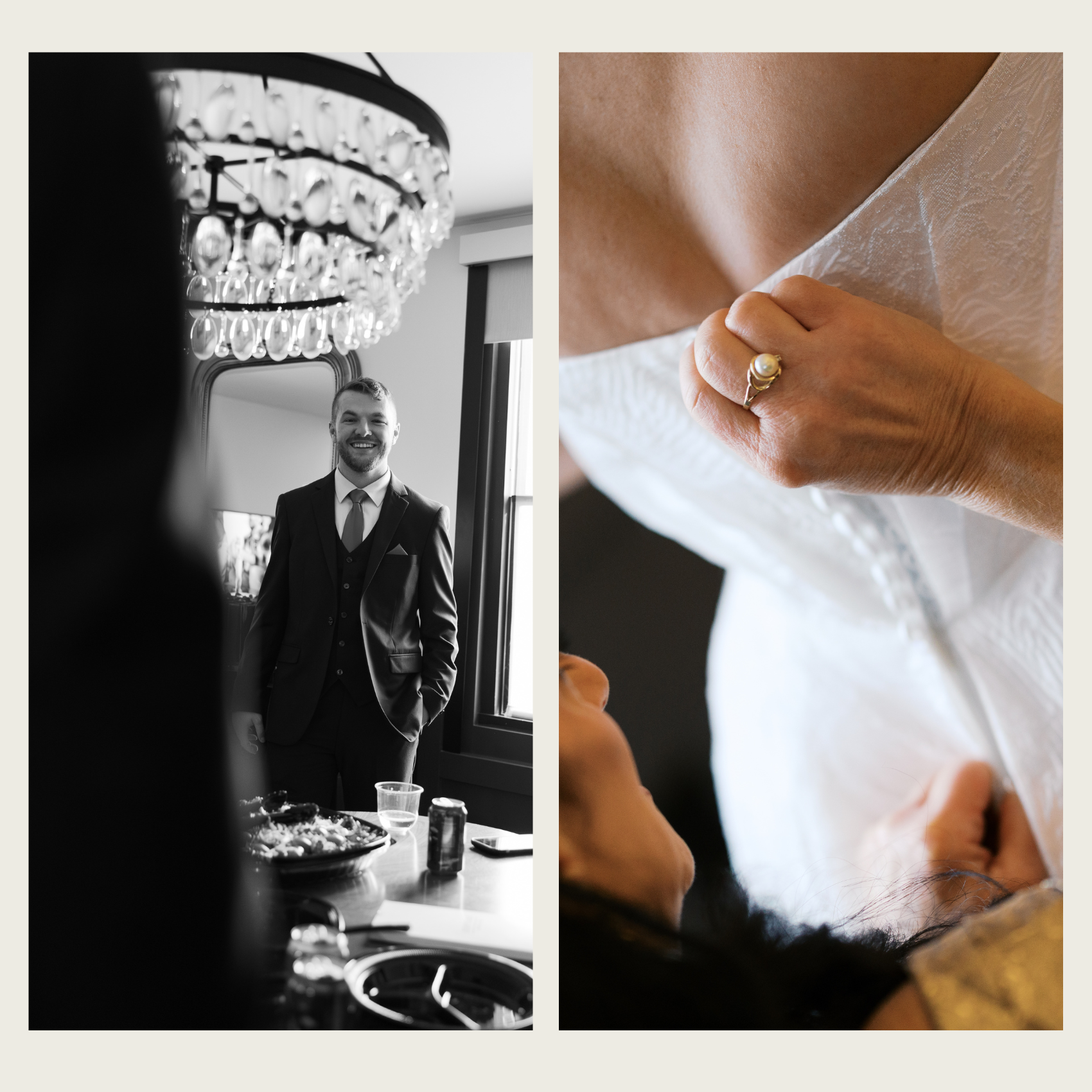 a brides mom help zip her dress up on her wedding day next to a groom smiling with his hand in his pocket in morgantown, west virginia