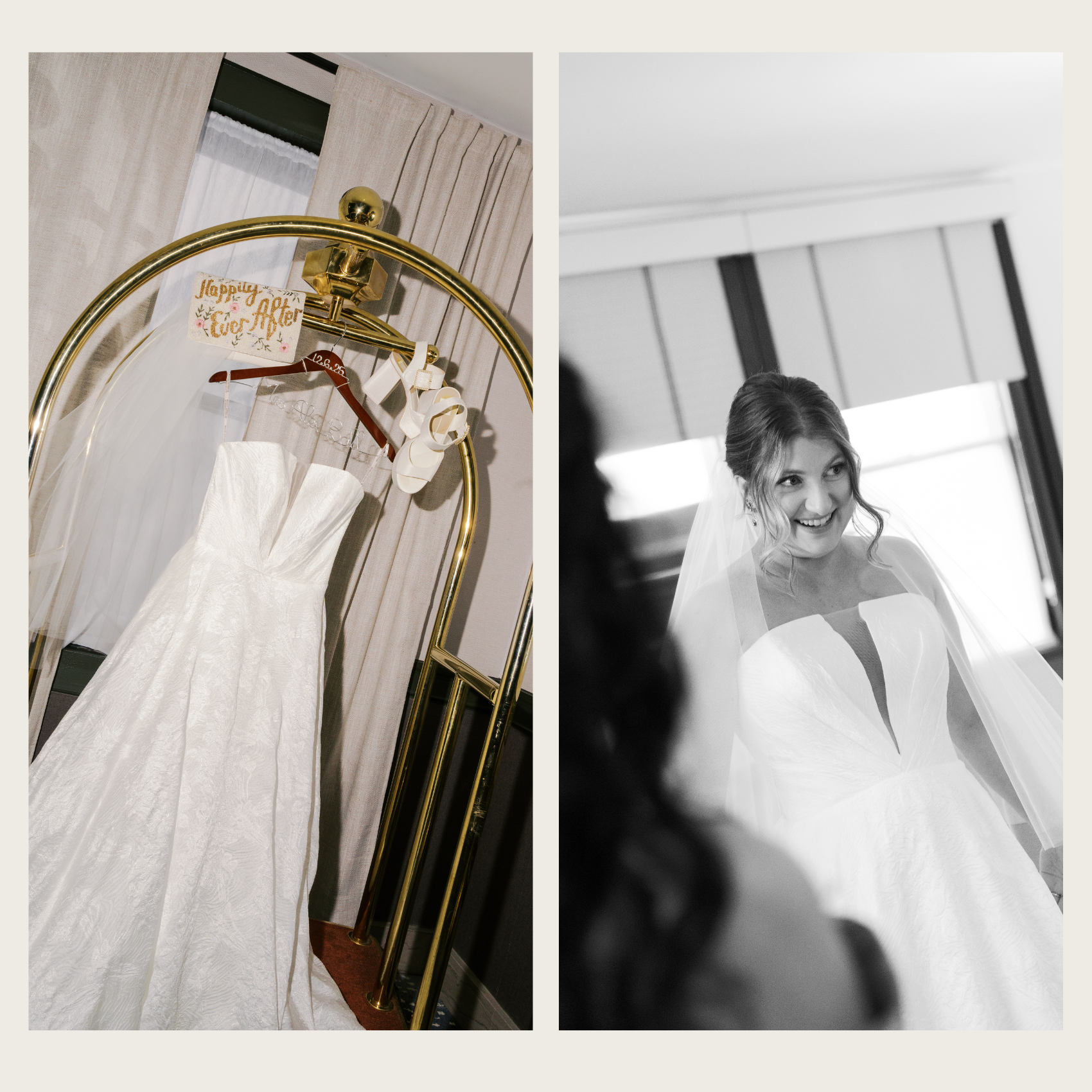 a photo of a white wedding dress hung up on a luggage card with shoes and a hanger with the last name ball at hotel morgan.