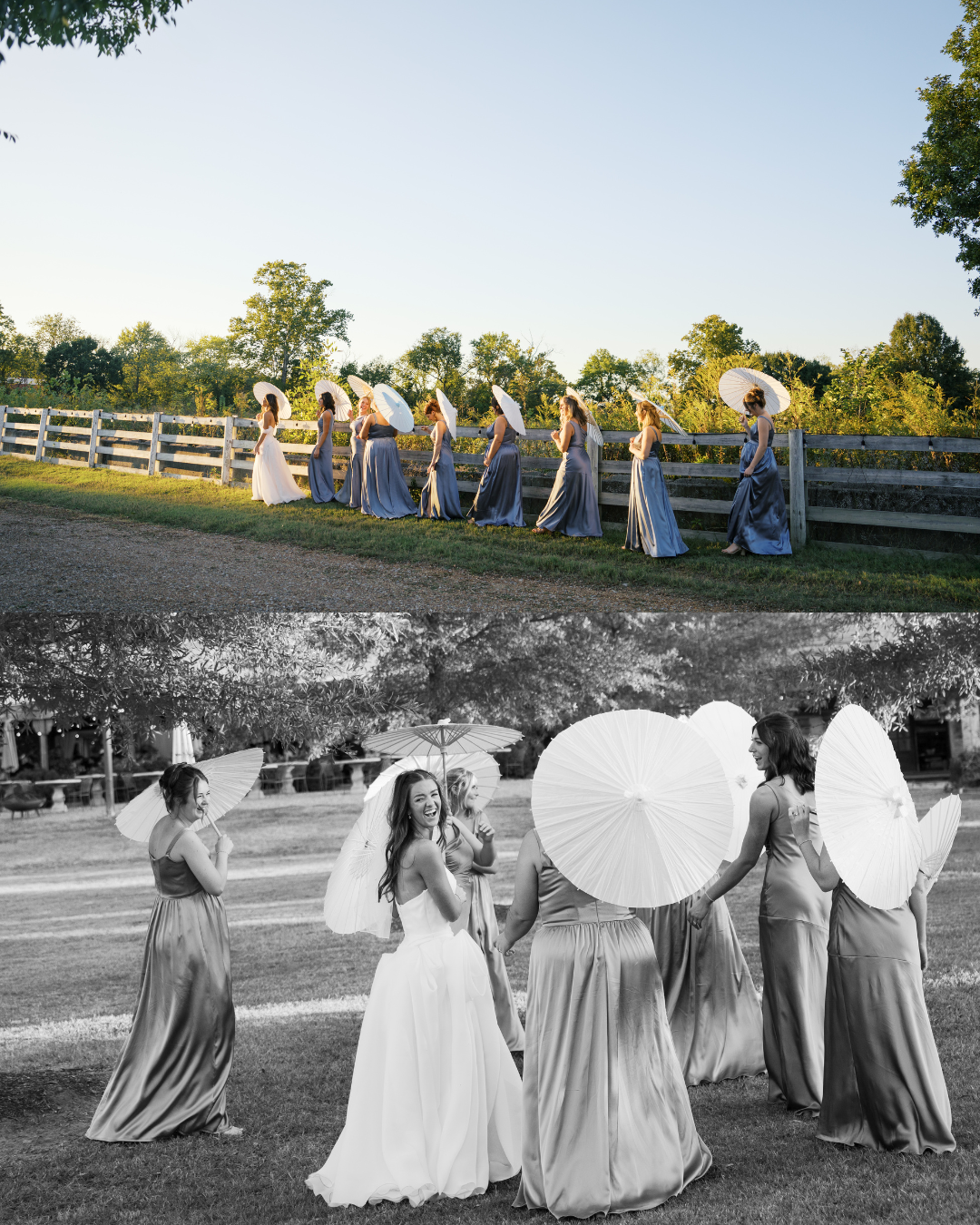 bridesmaids with parasols laughing and walking in a line at long hollow gardens