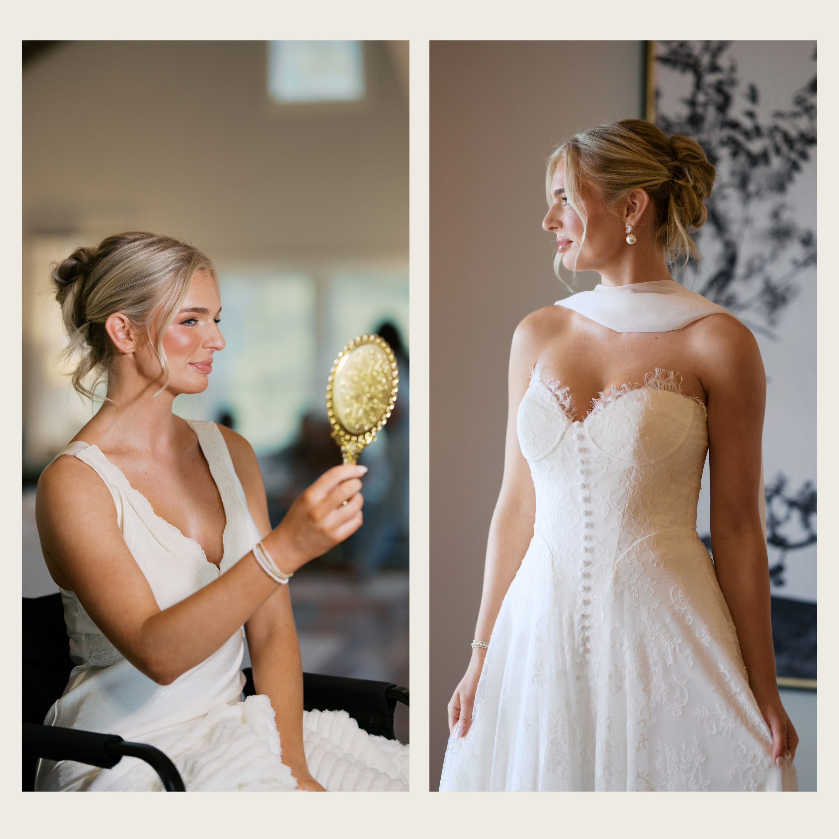 a bride getting ready for her wedding day at stone haven holding a gold mirror looking at her makeup. 