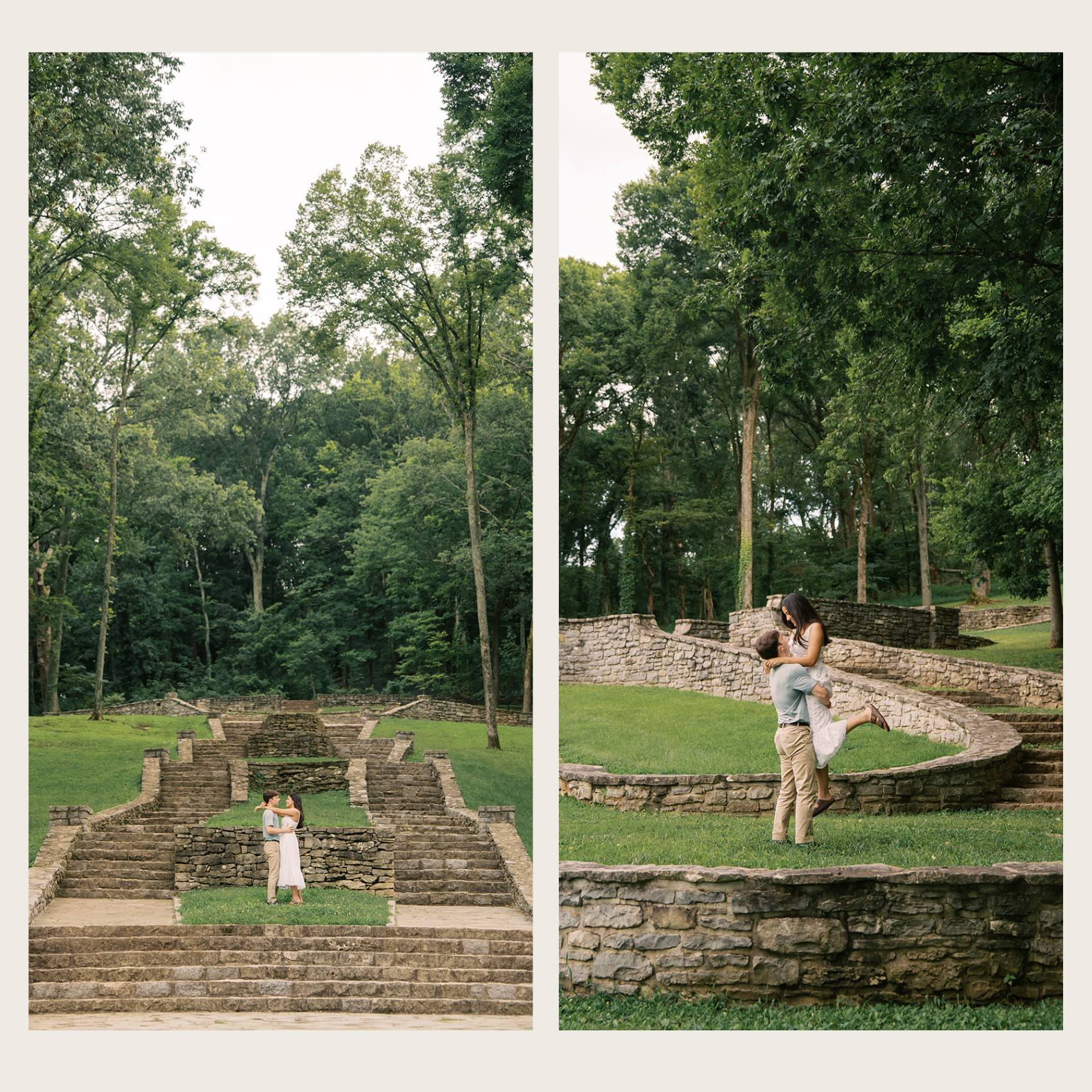 a couple during their engagement photos at percy warner state park in nashville tennessee. the couple is kissing and holding each other on the steps wearing a pink dress and blue shirt.