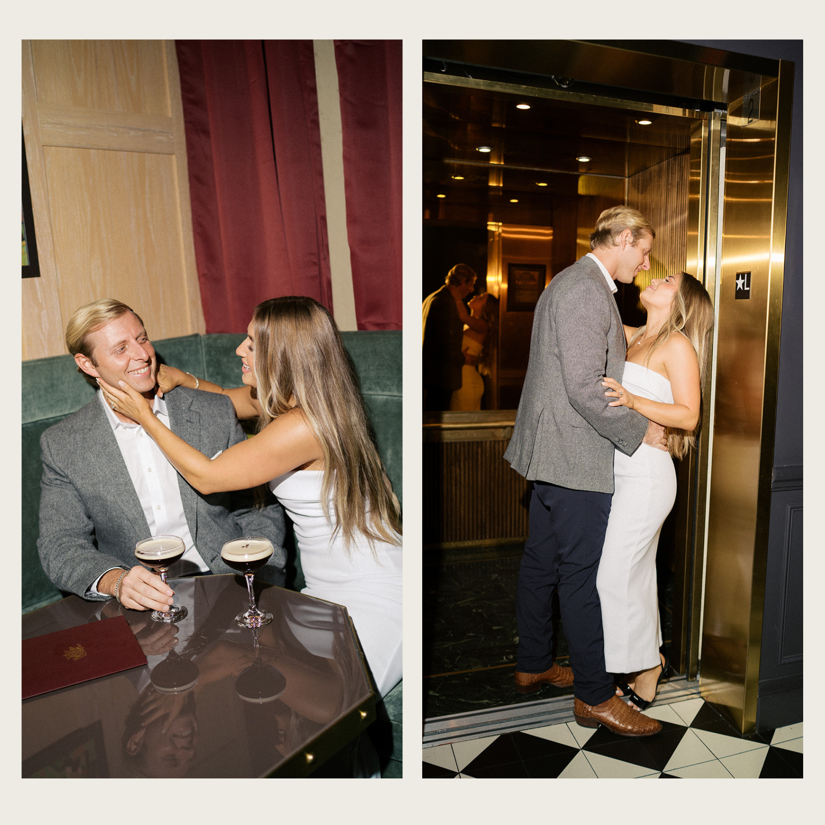 a couple sitting down with espresso martinis laughing during their engagement session in nashville