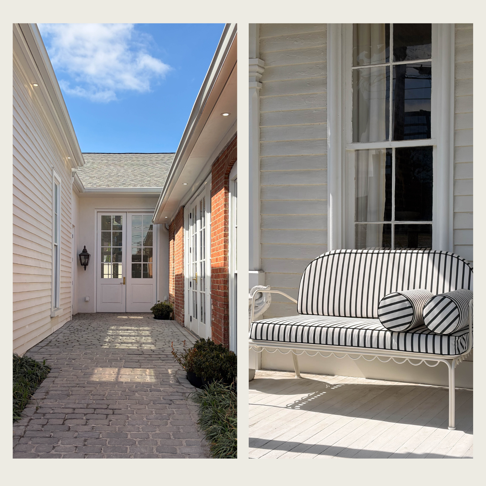 An outdoor photo of The Sloane Wedding Venue in Nashville Tennessee. A shaded walkway with brick, and a striped chair sitting on the porch.