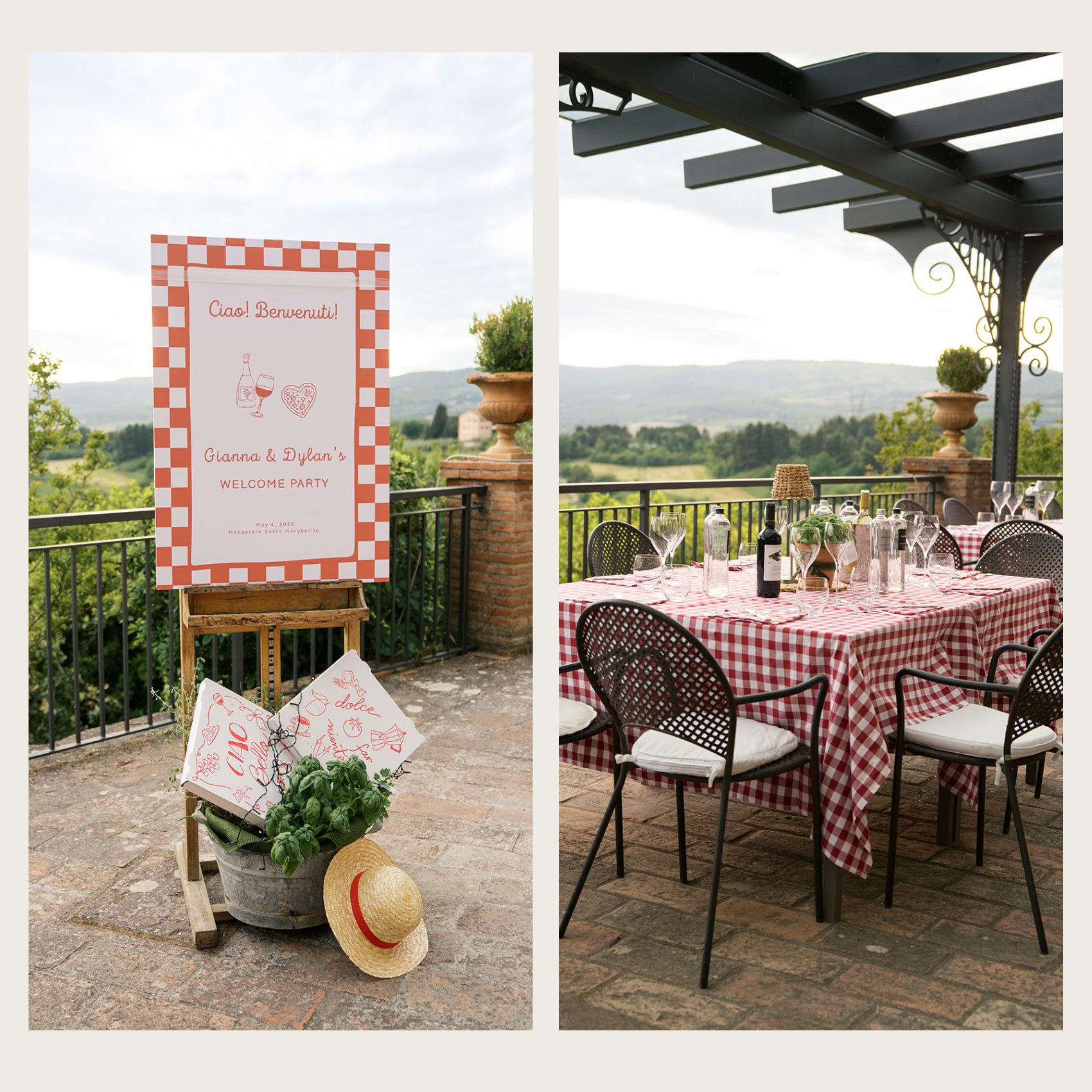 A red and white checkered welcome sign for a couples rehearsal dinner in umbria italy