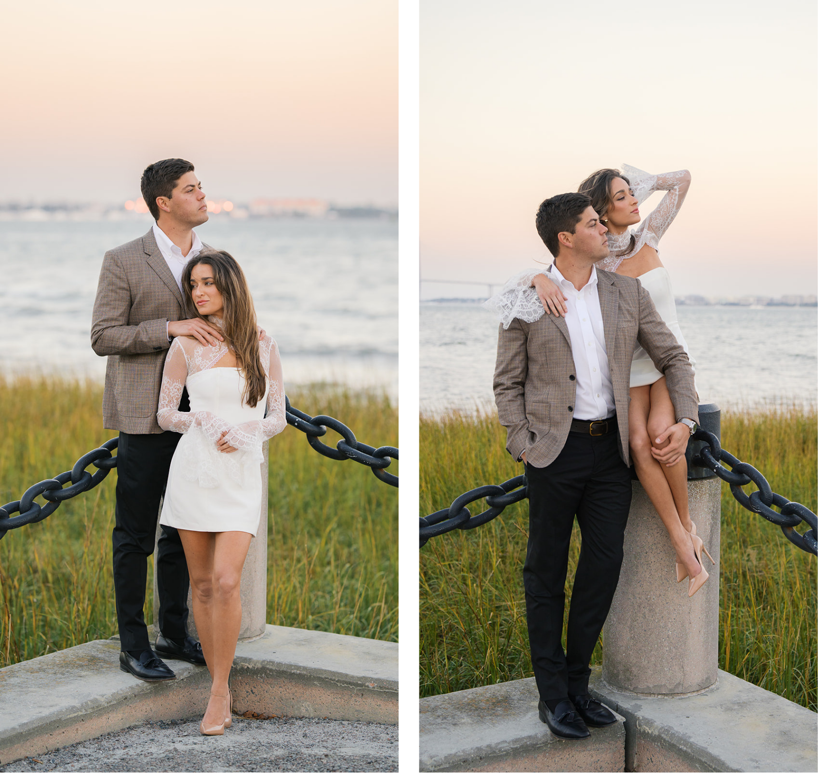 A couple posing on a pillar with the ocean and marsh in the background during their engagement session in charleston.