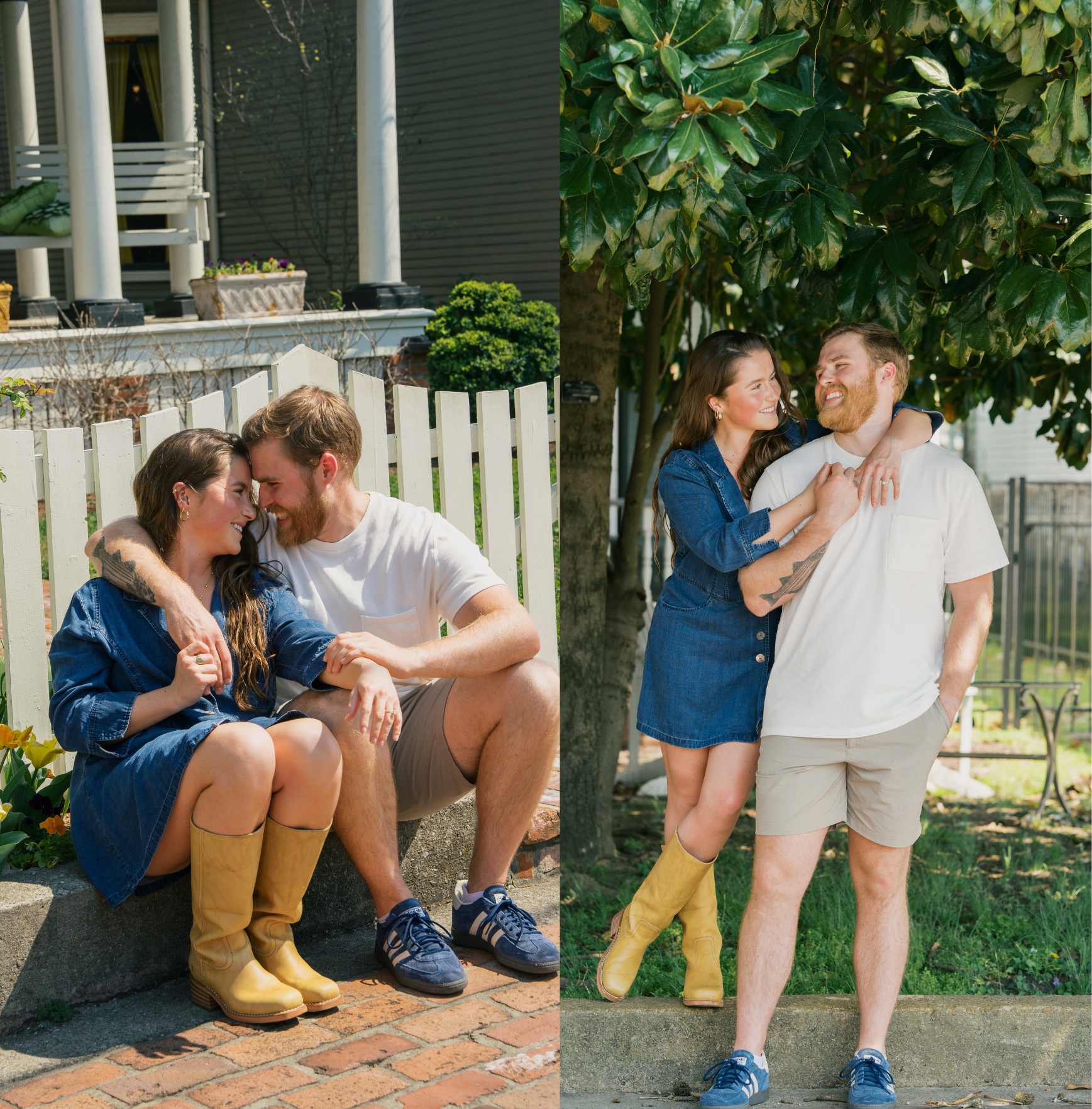 One image shows a couple sitting in front of a small white fence while they touch foreheads and laugh together. The second image shows the woman wrapping her arms around her fiancé while they laugh together as they stand under a tree. 