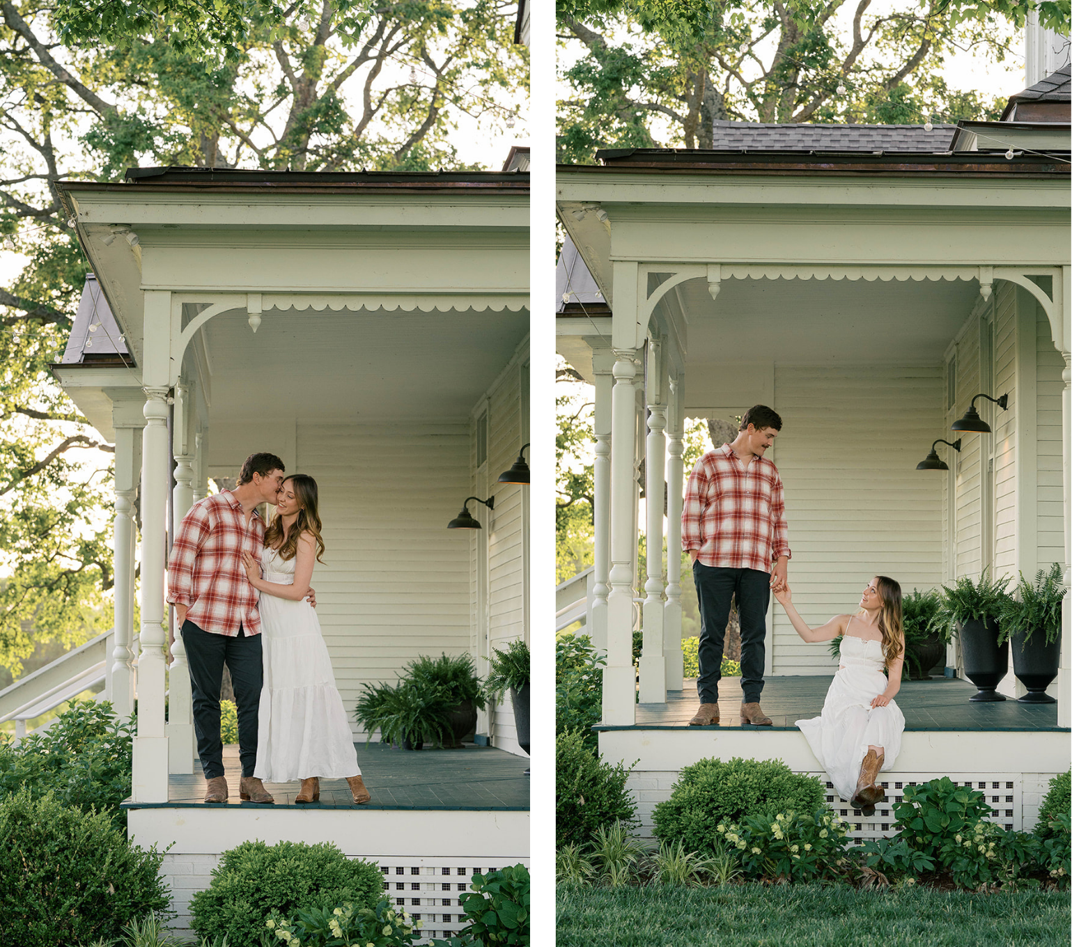 One image is of a man kissing his fiancés cheek as they stand on a farm house porch. The other image shows a woman sitting with her legs over the side of the porch, holding the hand of her fiancé. 