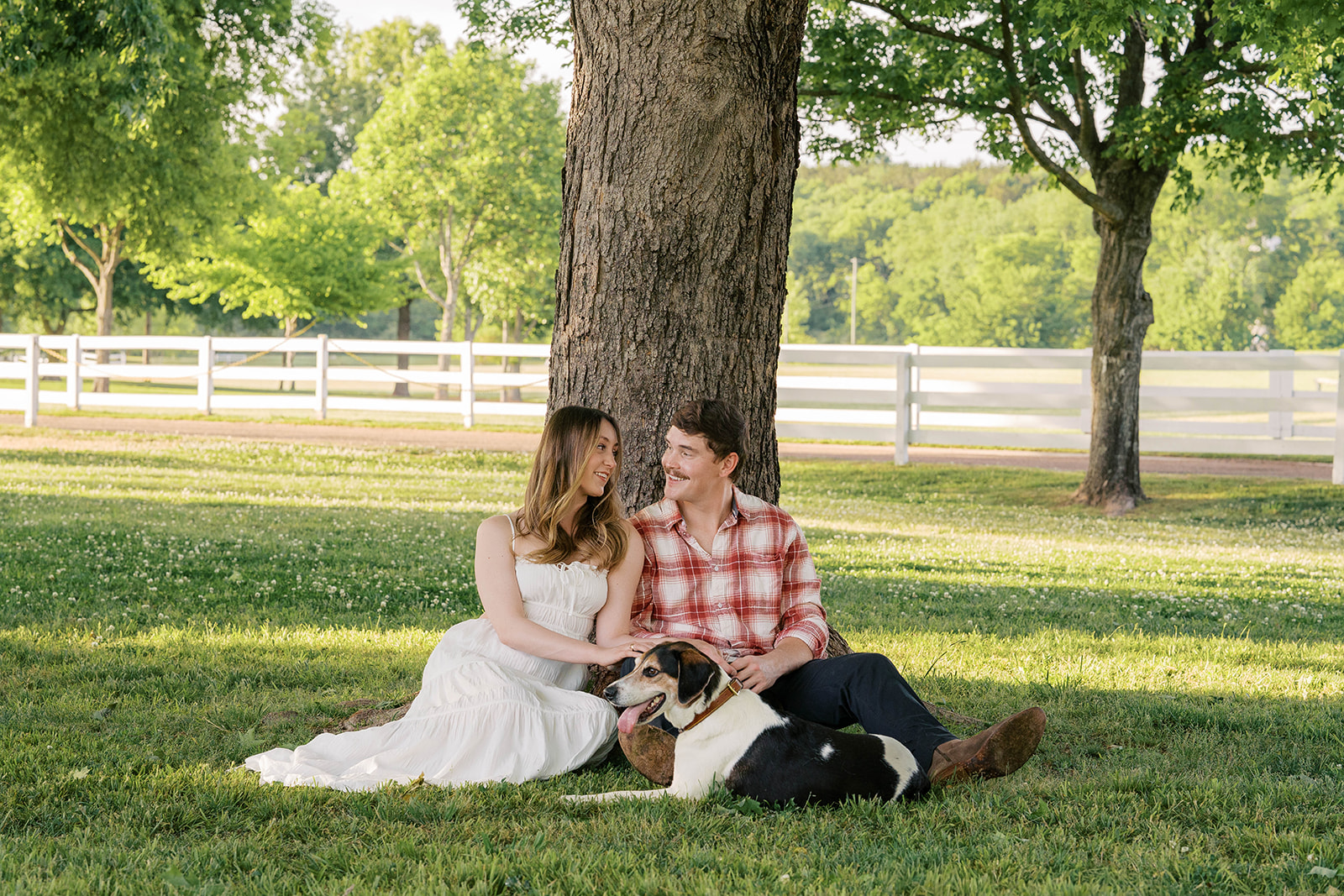 Couple leans against a tree as they smile at each other while their dog rests between them as they pet him. 