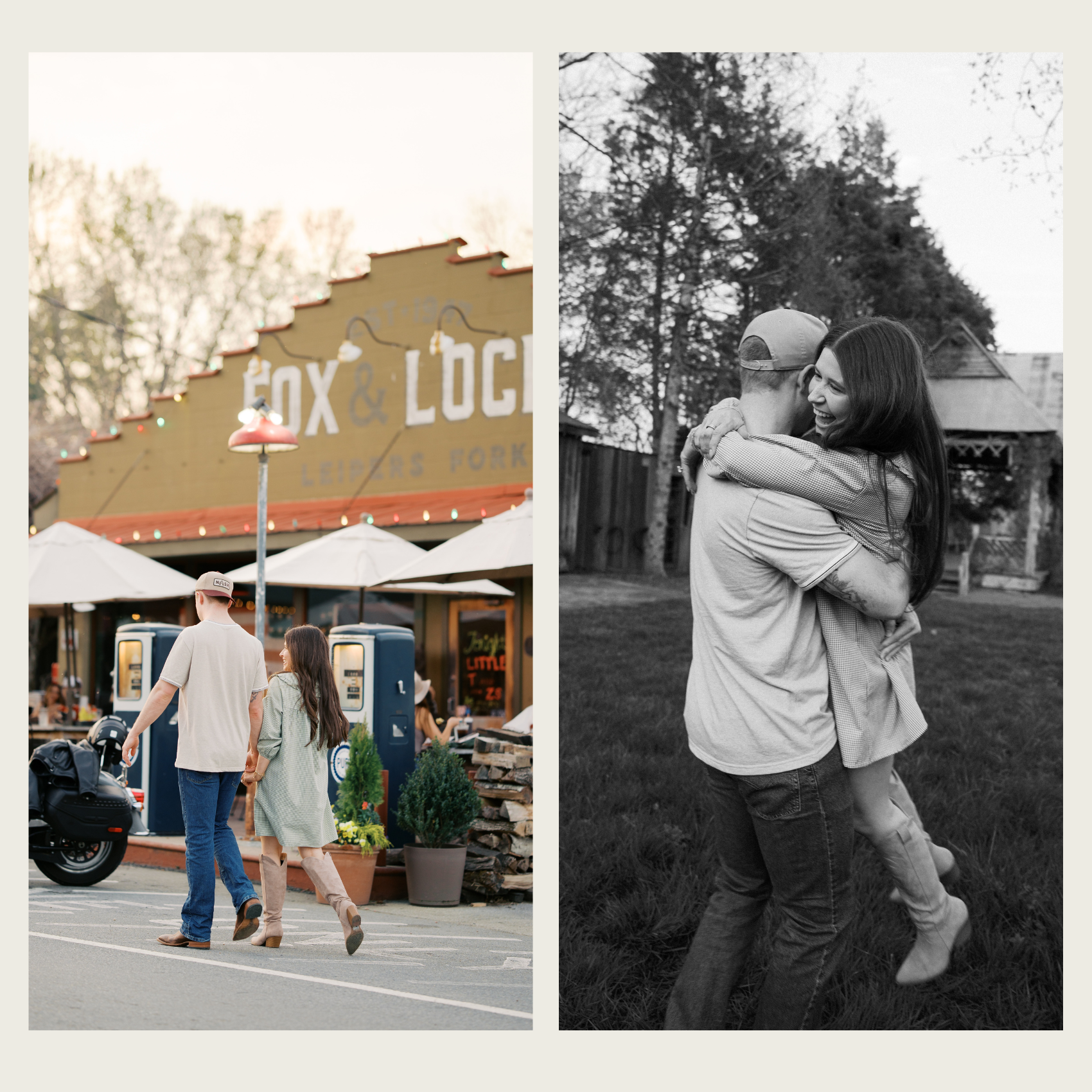 Couple during their engagement photos at leipers fork spinning around laughing