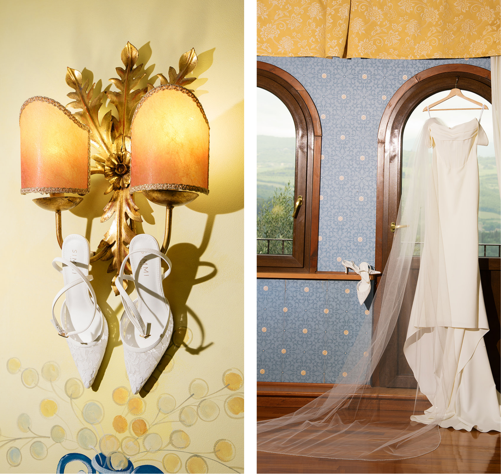 A brides shoes and dress hung up at Monastero Santa Margherita Wedding Venue