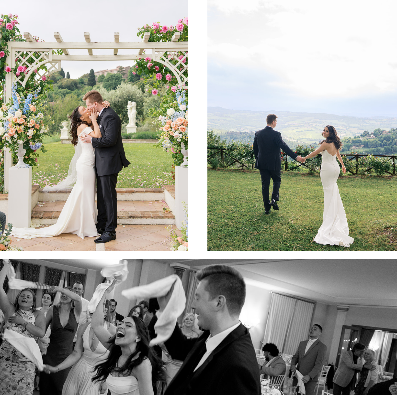 A bride and groom kissing under an arbor, holding hands running away into the italian countryside and guests with napkins tossing them in the air.