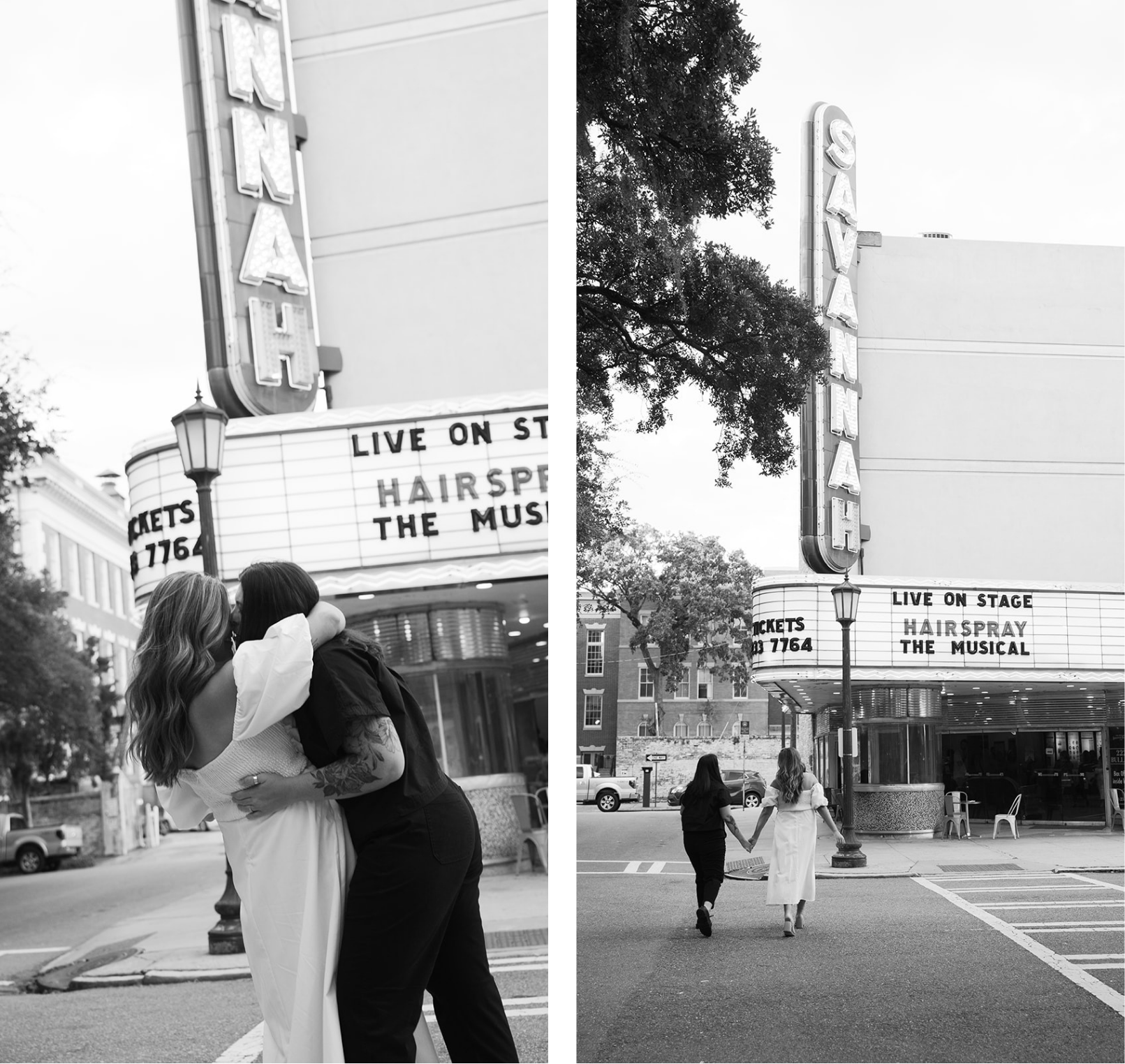 Two girls kissing and walking across a crosswalk in savannah georgia with a theatre behind them 