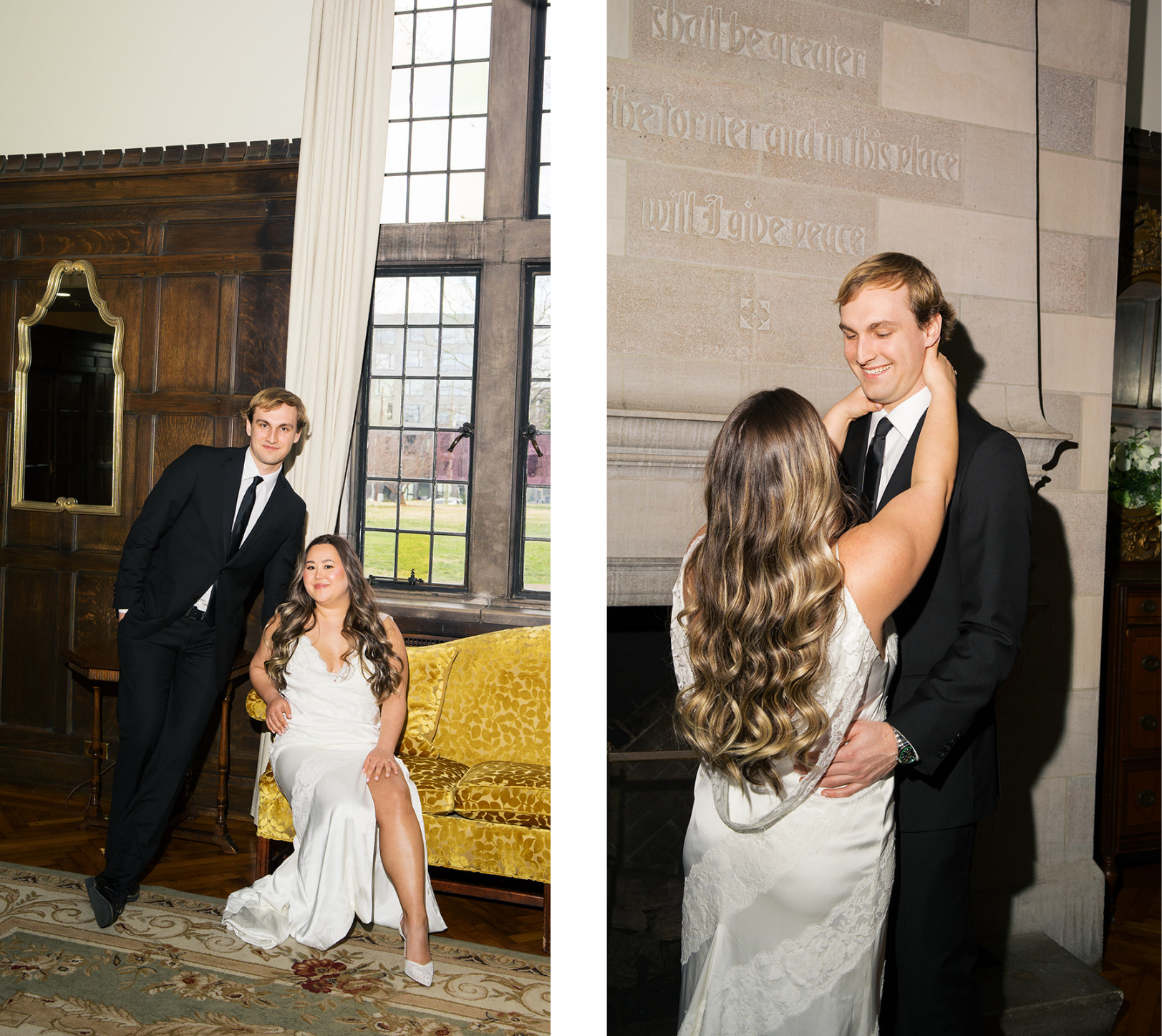 A bride and groom look at the camera during their portraits at scarritt bennett center in nashville Tennessee