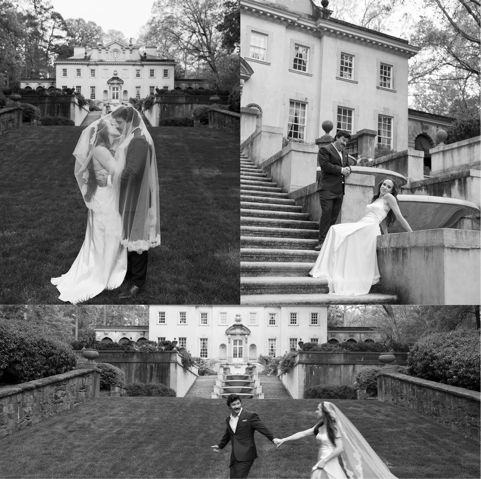 A couple all in black and white photographs at the swan house wedding venue in atlanta georgia.