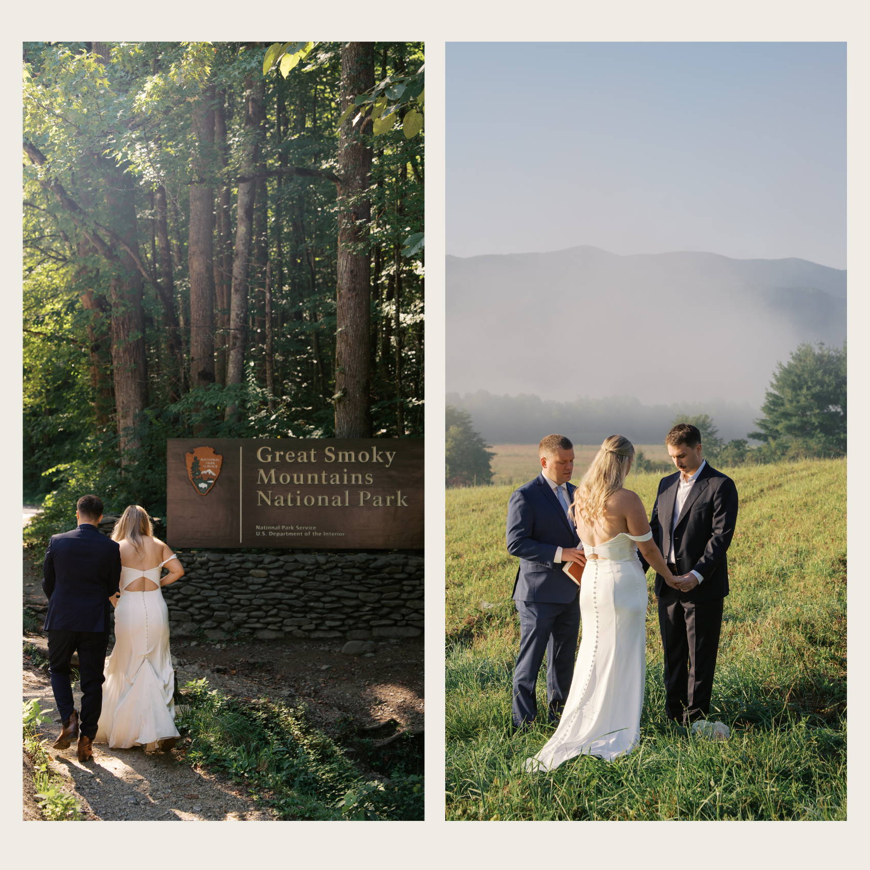 A couple during their ceremony at Cades Cove in the great smoky mountains national park during their elopement. photography by Jaimee Raneigh photography.