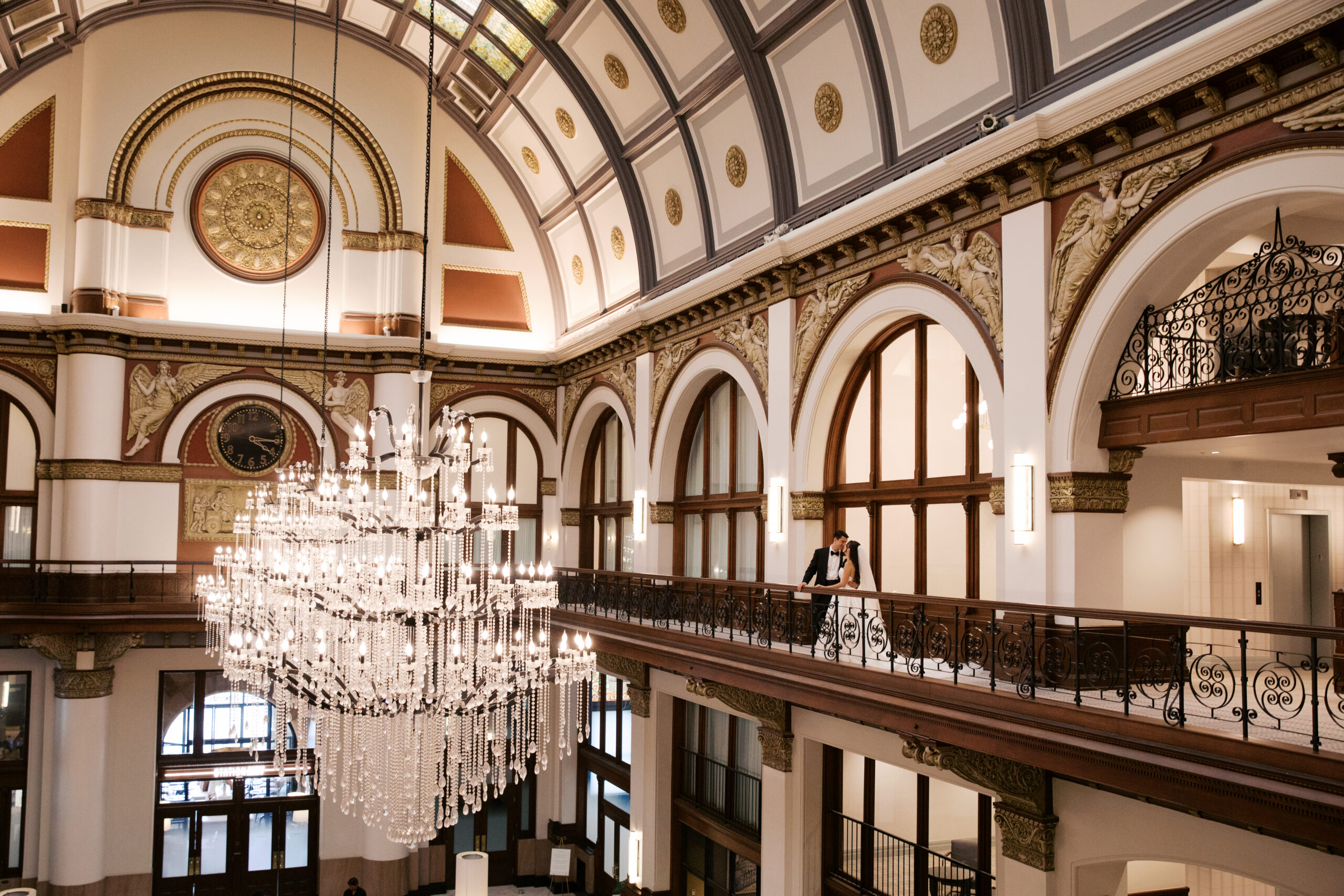 A couple looking at each other during their wedding at union station in nashville tennessee, a luxury wedding venue and hotel. 