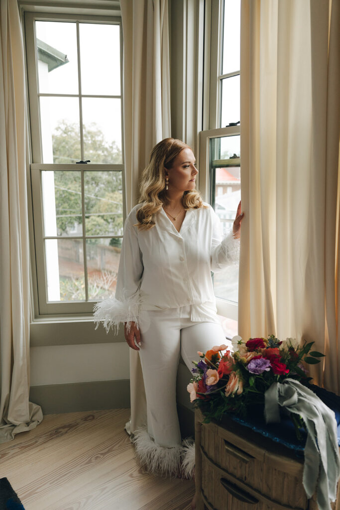 bride before getting ready for his garden themed wedding