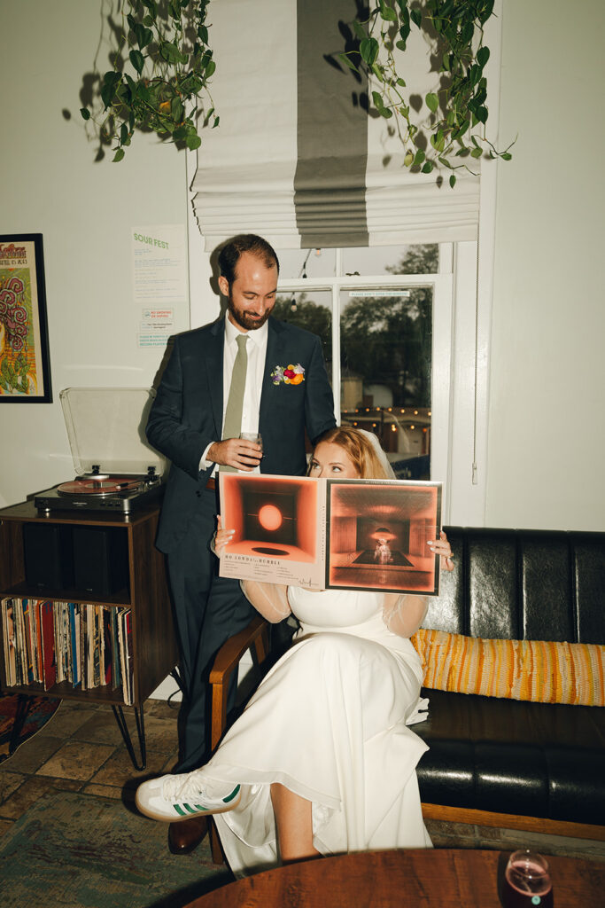 newly married couple before heading to their wedding reception