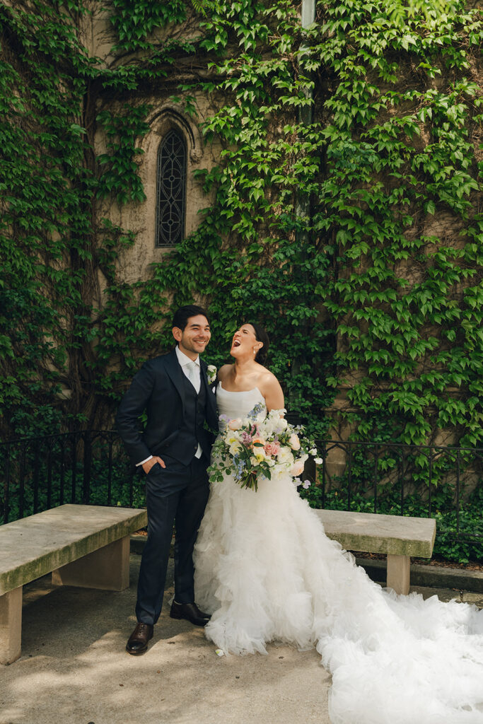 bride and groom laughing 