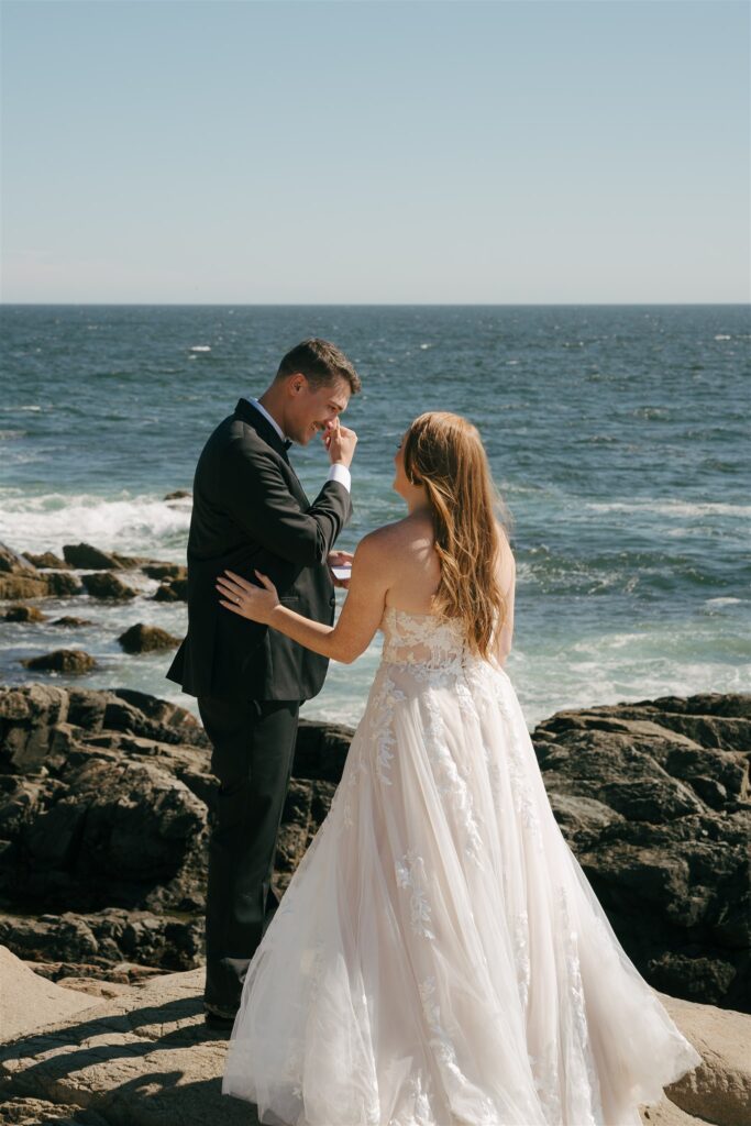 bride and groom emotional during their first look