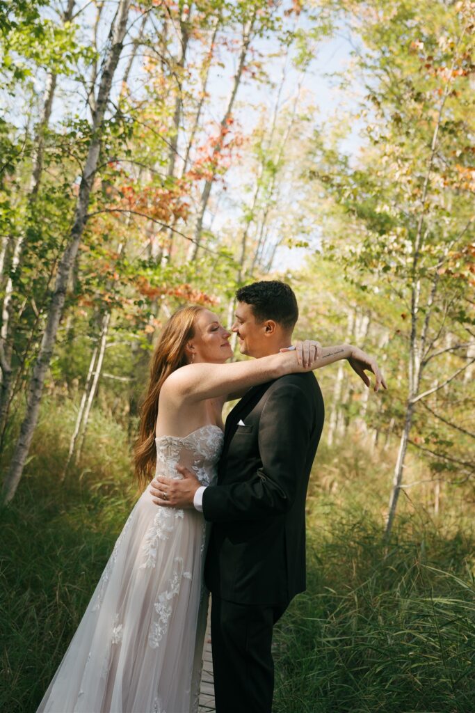 bride and groom looking at each other