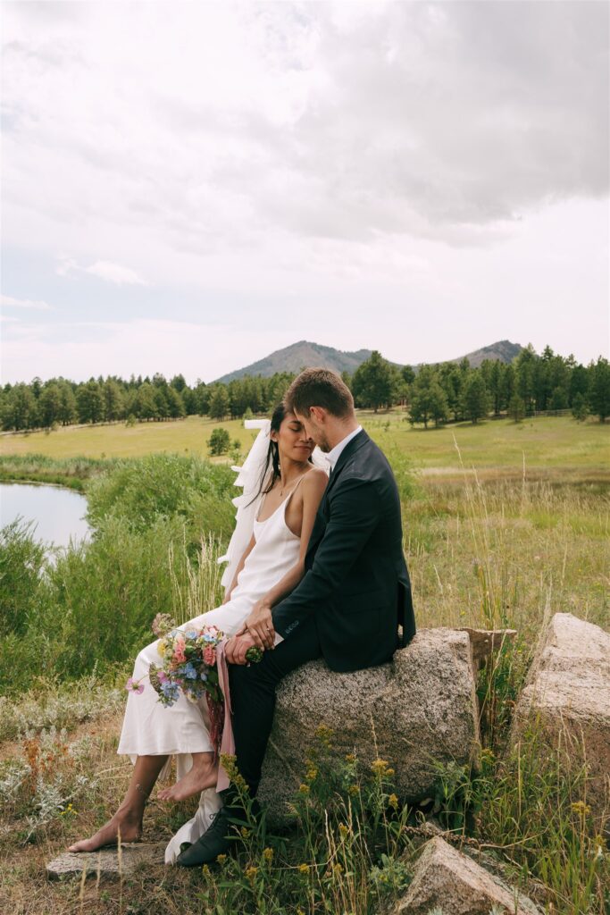 bride and groom looking at each other 