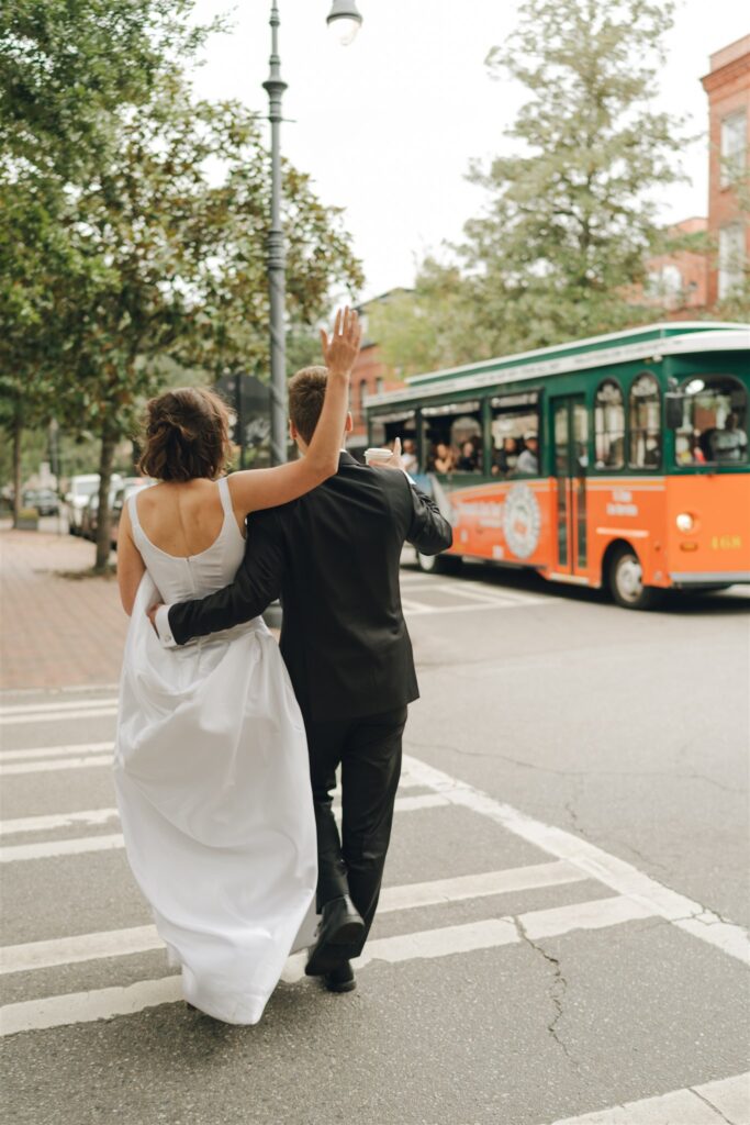 newly married couple heading to their wedding reception